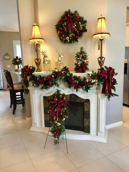 4 PC Set Christmas Wreath & Garland Set / Burgundy  Velvet Ribbons , FREE SHIPPING, Cordless, Pre-lit, Original,