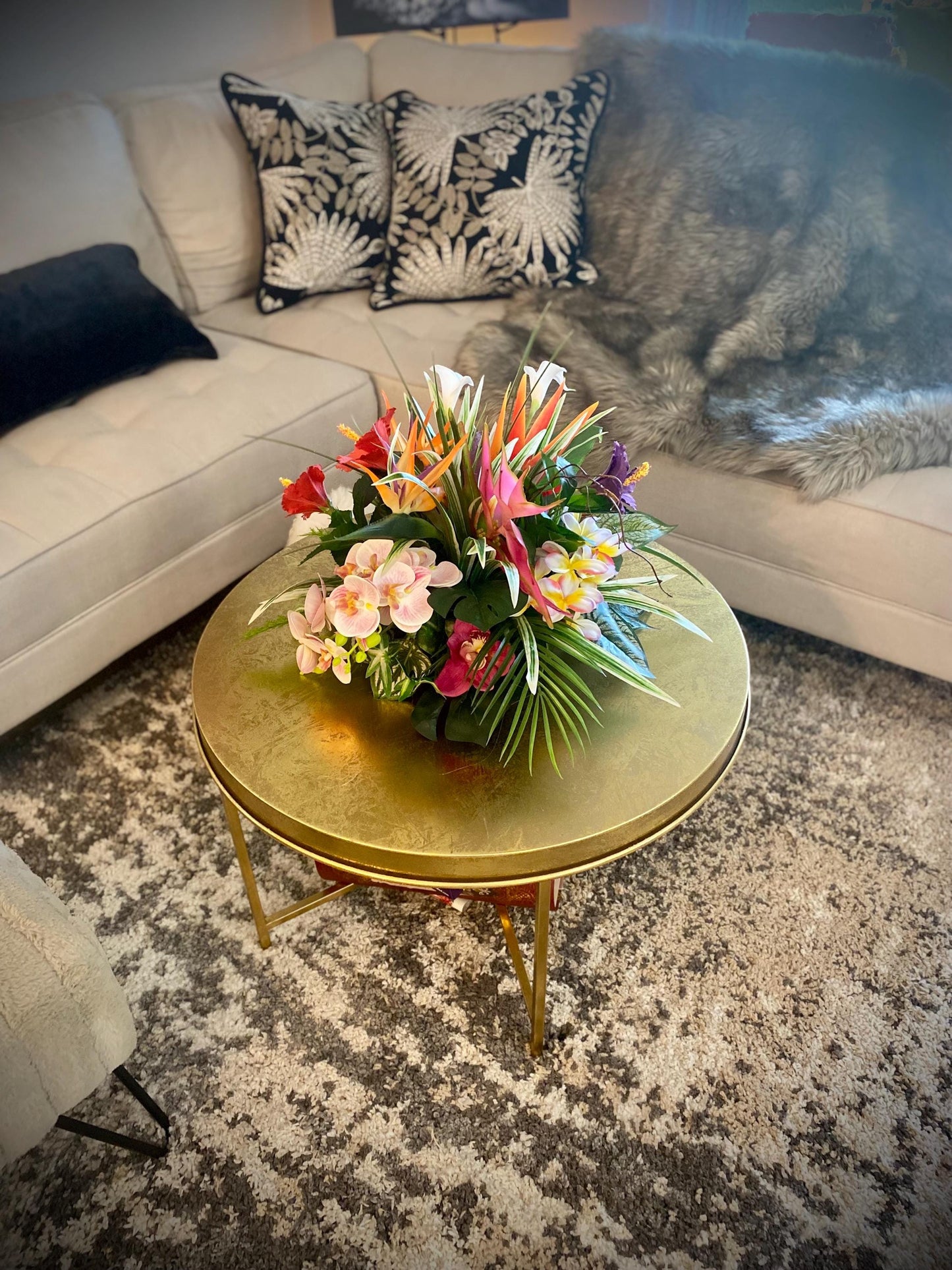 Hibiscus Paradise . 19x19x15  Tropical Centerpiece.  Beautiful Bird of paradise, King Protea,  Hibiscus, Orchids stems.  Artificial, Faux.