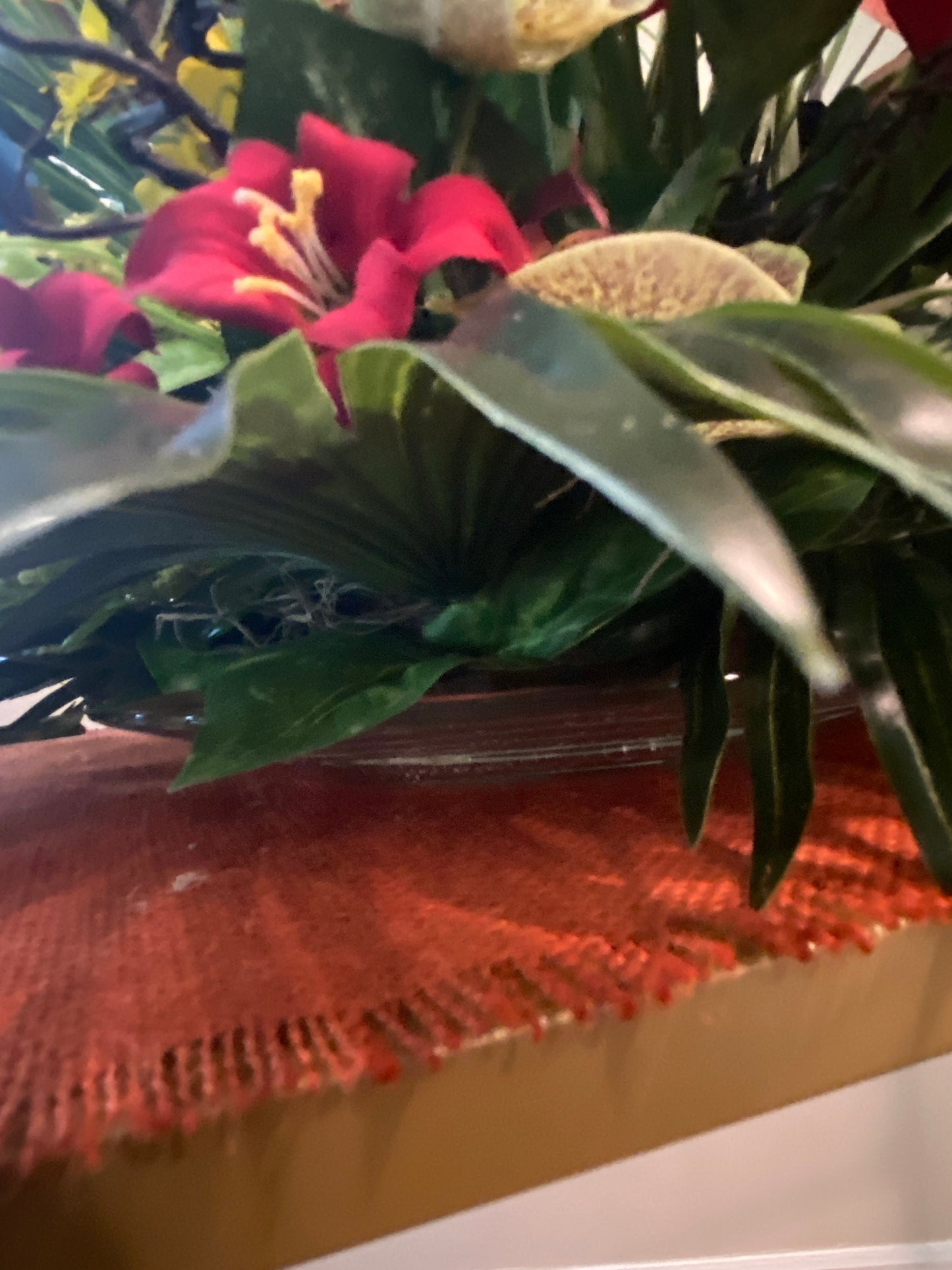 Heliconia and Blue Paradise Accent. Amazingly life like Arrangement. Artificial. Bird of paradise, Orchid and Coral fan. 30"x16"x17" h