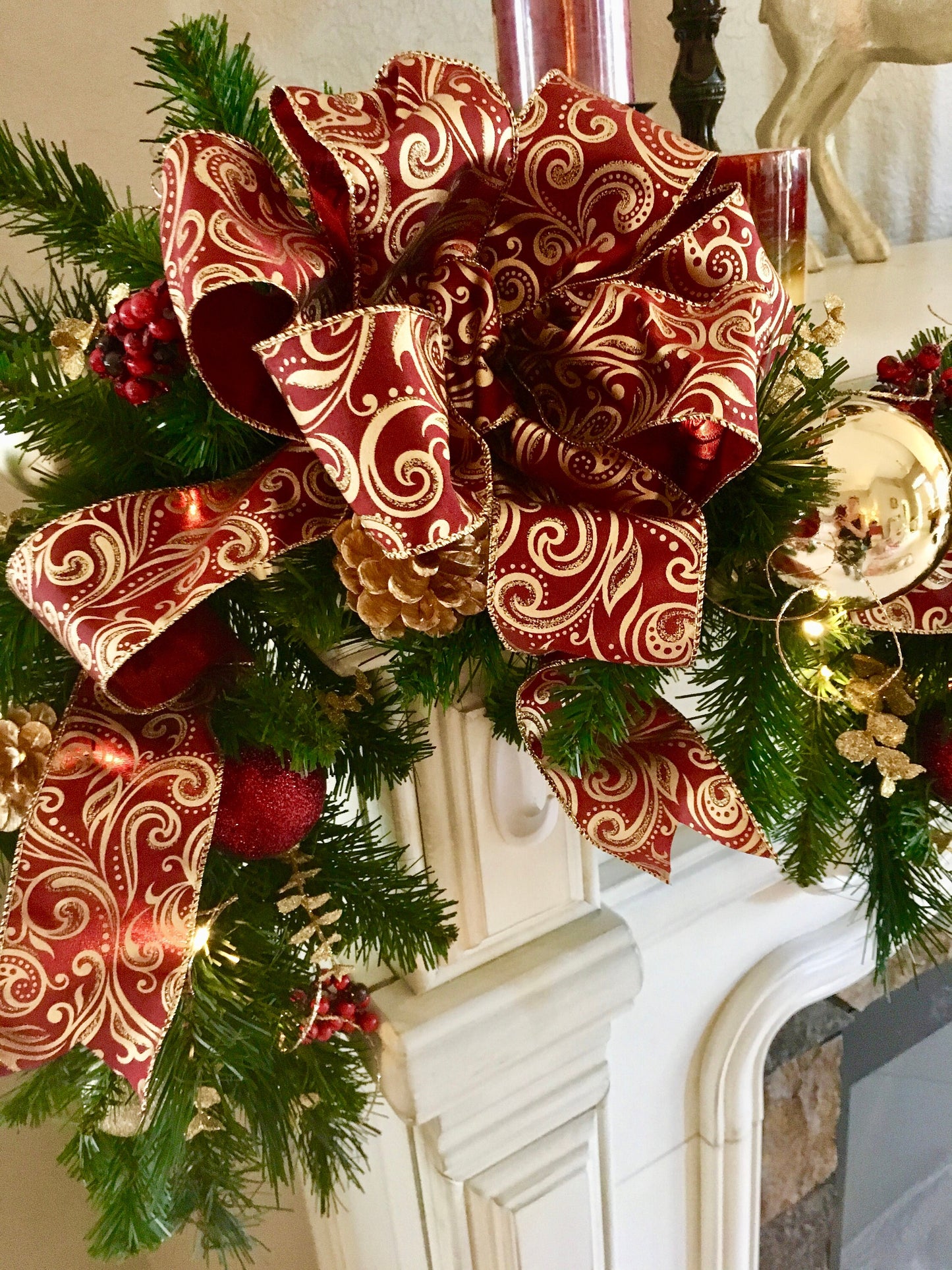 Burgundy Christmas Wreath and Garland Set, LED Lighted, Holiday Decor