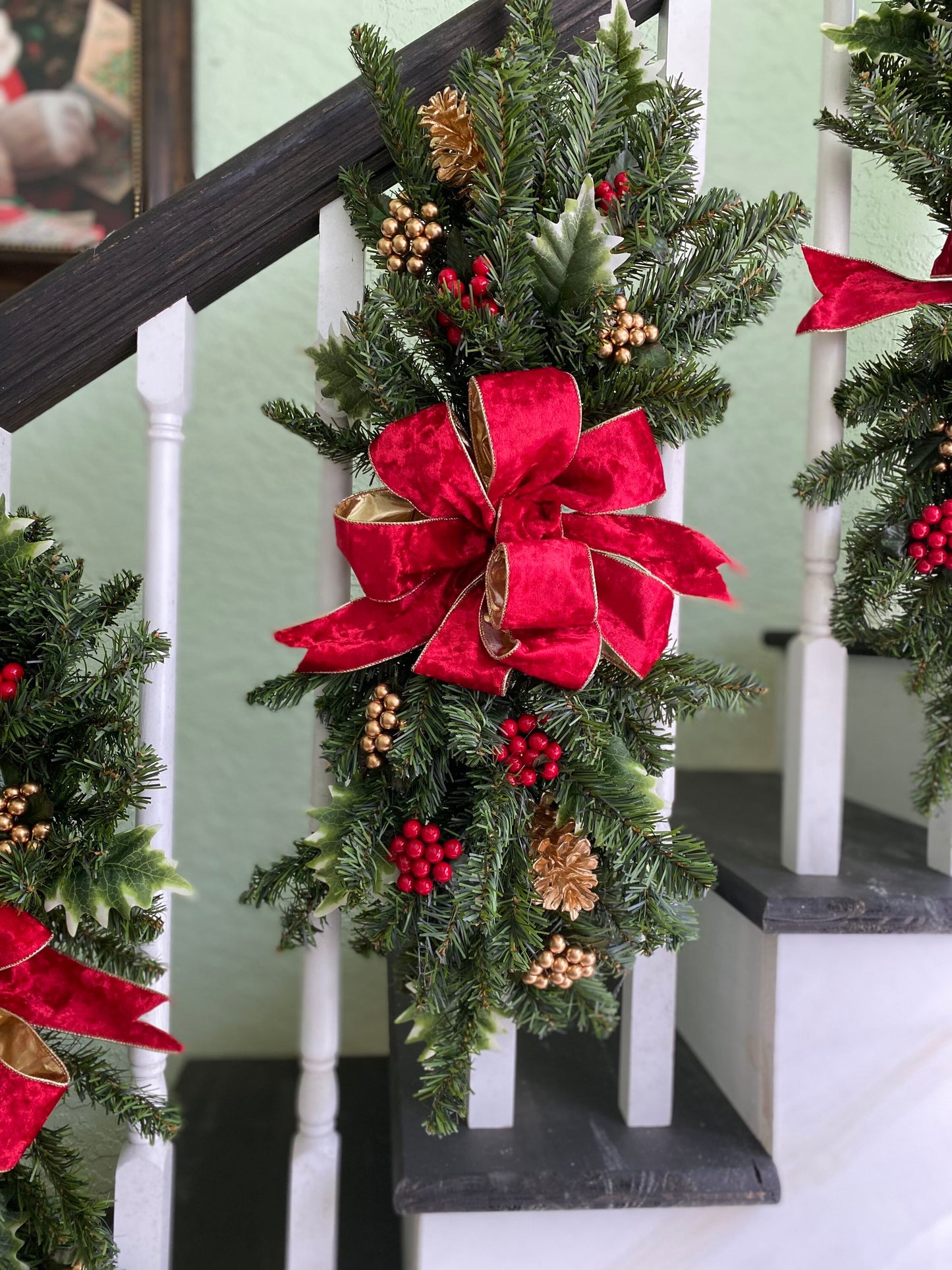 3 pc Set Christmas Swag for Stairs,  Pre Lit with Automatic Timer  6 hours on 18hours off,  Free Shipping, Red, Vertical Swags