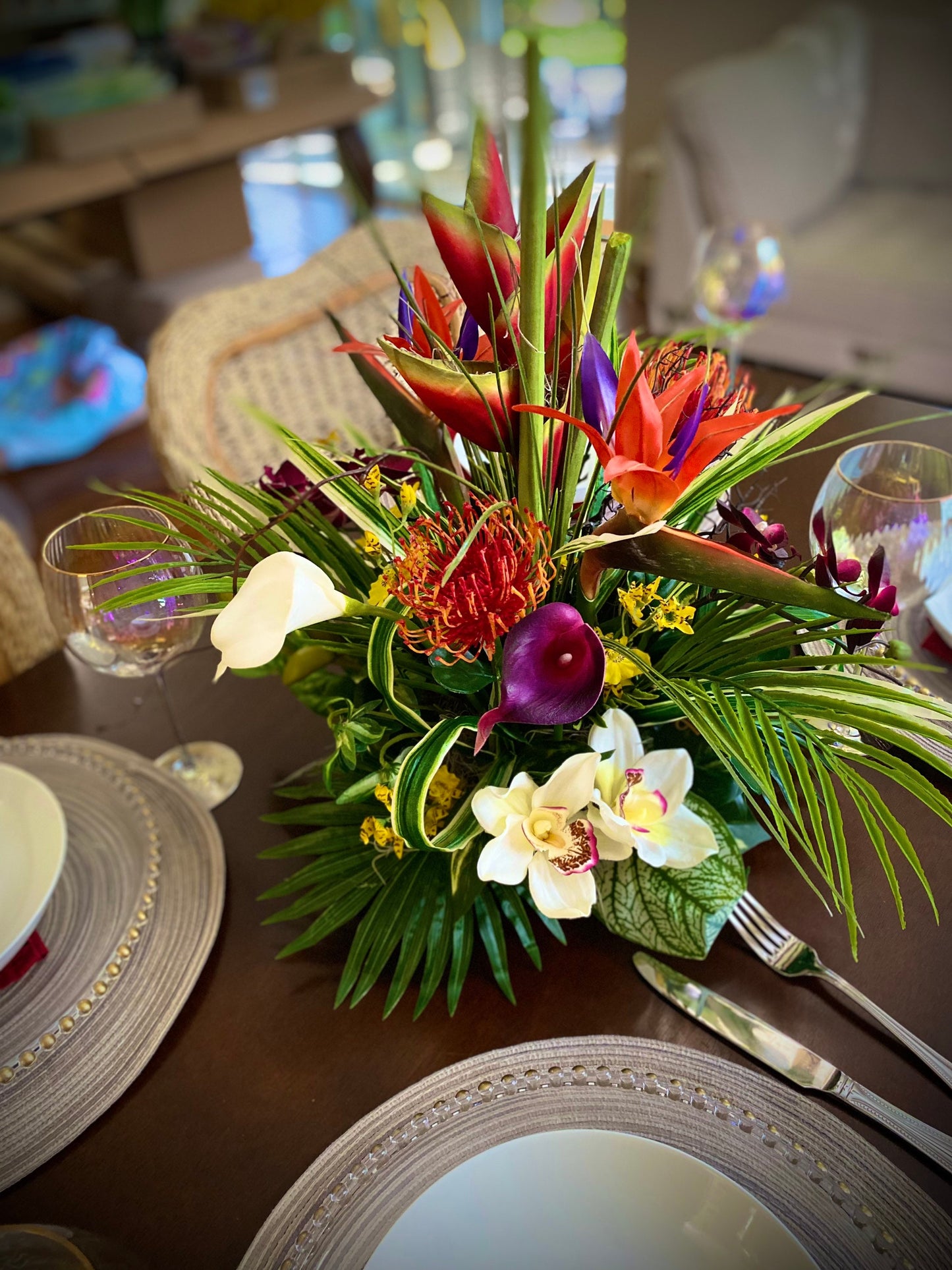 Exotic Hawaiian Heliconia Arrangement: Bird of Paradise, Purple Protea, Coral Fan (20”x13”)
