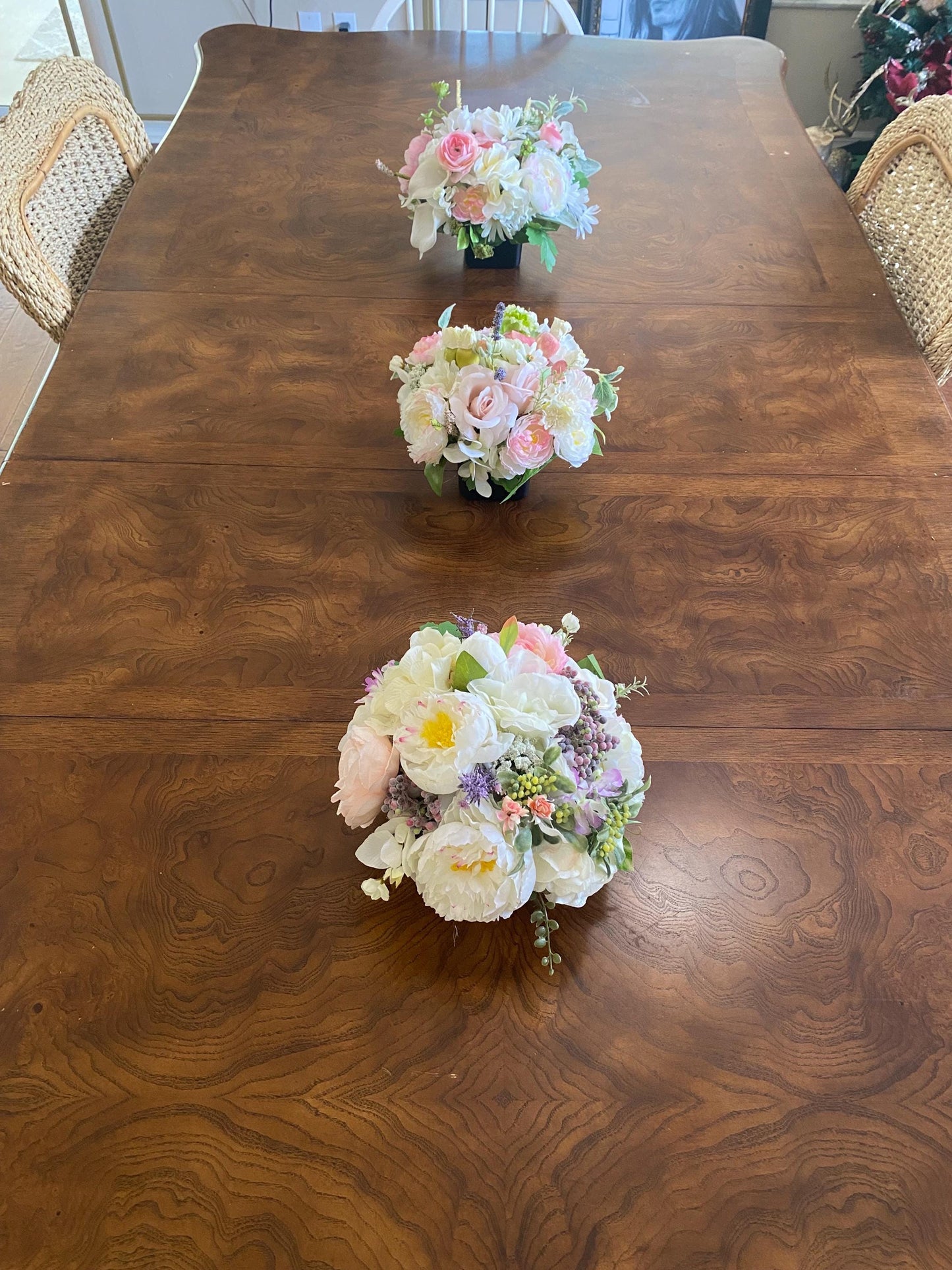 Trio Beautiful Ranunculus Nosegay in black glass cubes.  3 pc Set.  Baby Pink, Artificial ,  9"x 9" x 3 pc