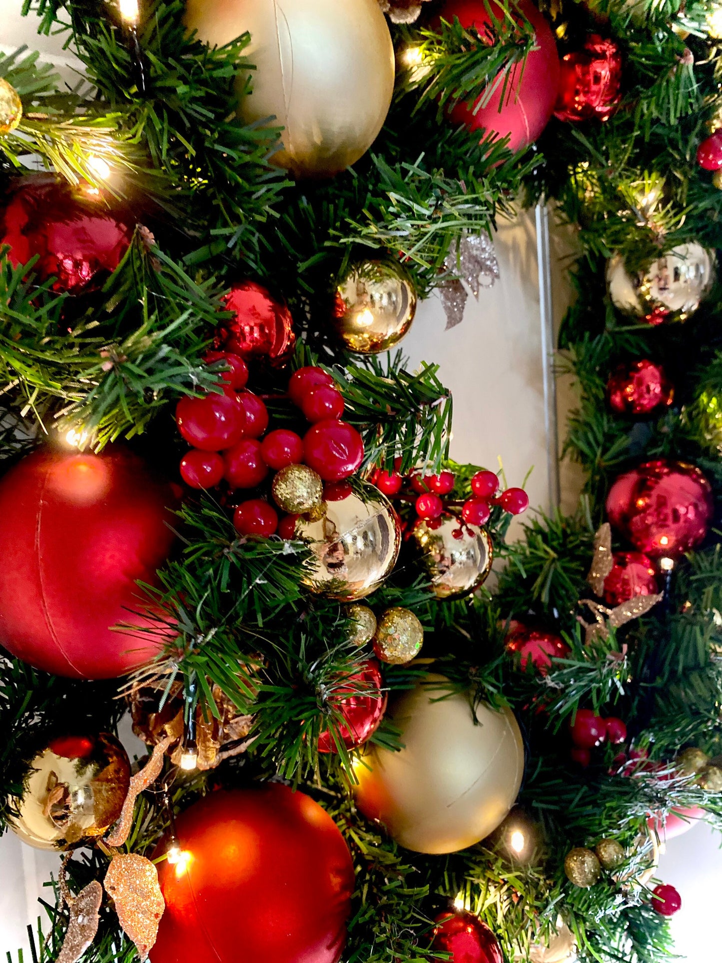 On Sale !!  Wreath, Economical, 23inch Red Wreath, Red and Gold Wreath, Cordless, LED  Timed light, Elegant Wreath, Battery Operated,