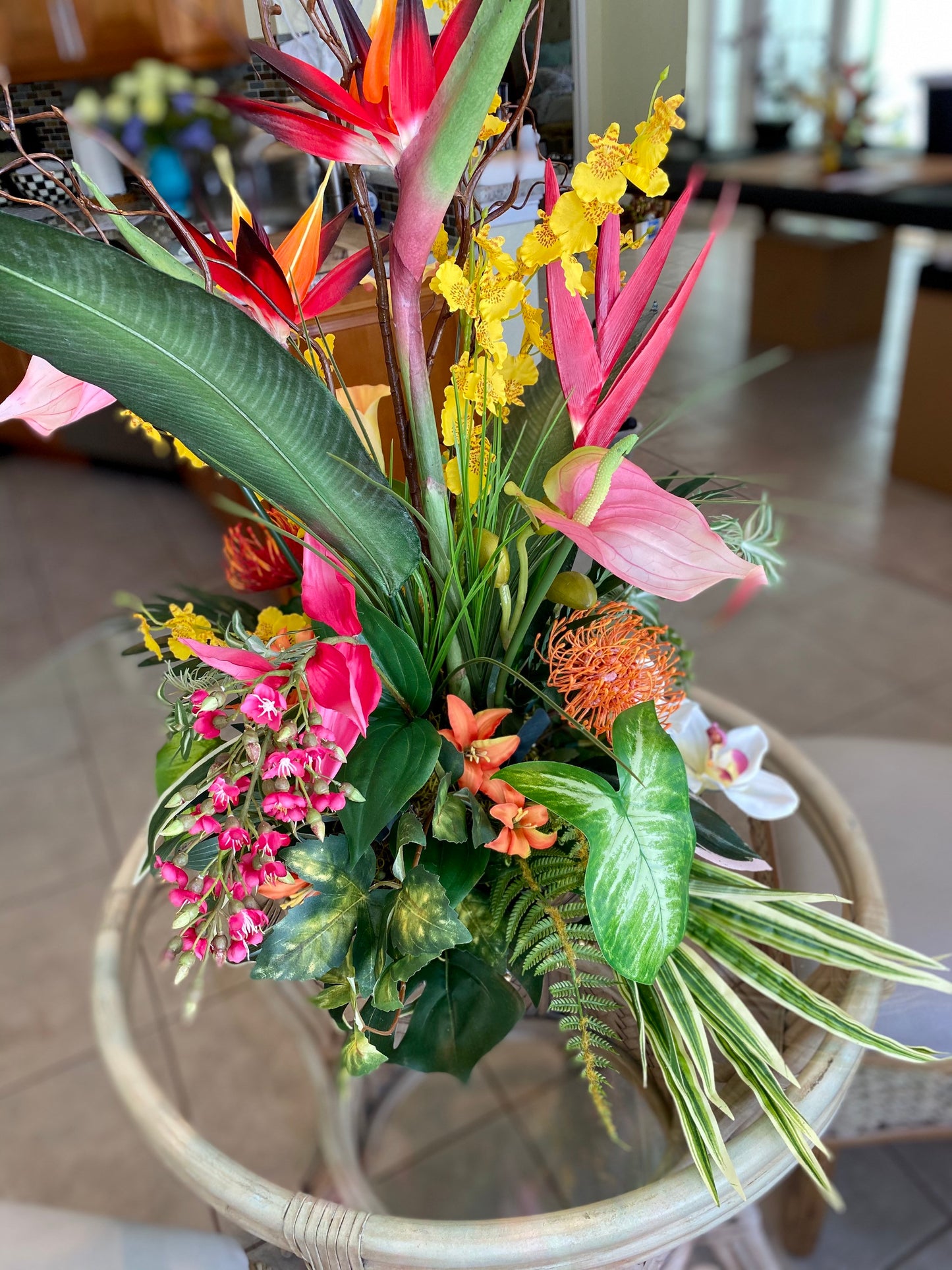 Luxury Tropical Bird of Paradise Centerpiece, Orchid & Anthurium Arrangement