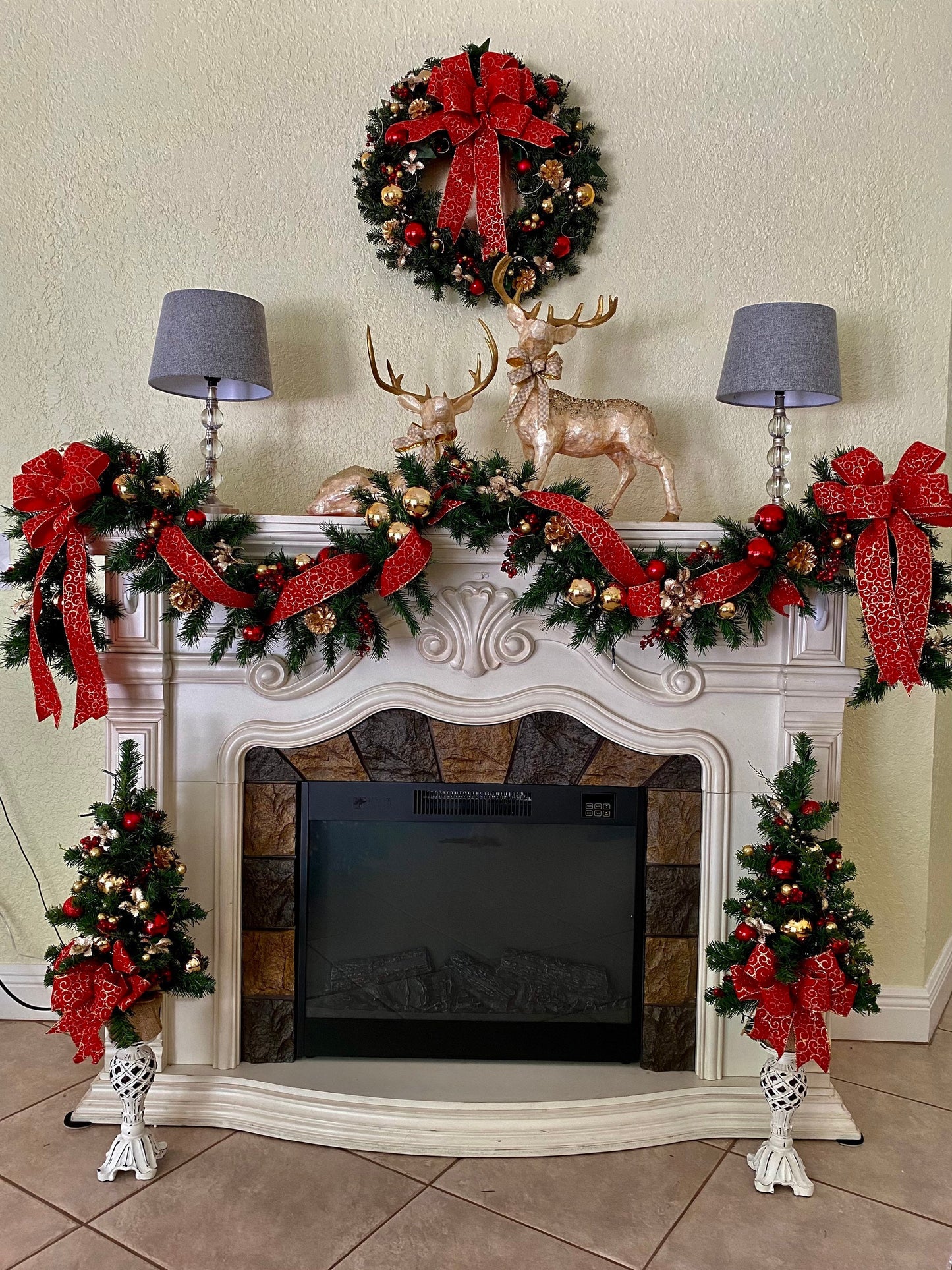 Red Swirl Ribbon Set of 4pc, Garland and 2 Topiaries. FREE SHIPPING. Cordless, Pre-lit, Timer.
