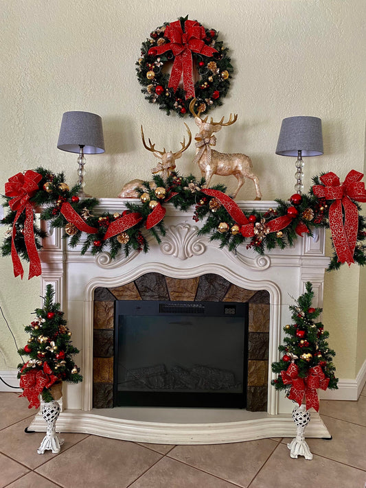 Red Swirl Ribbon Set of 4pc, Garland and 2 Topiaries. FREE SHIPPING. Cordless, Pre-lit, Timer.