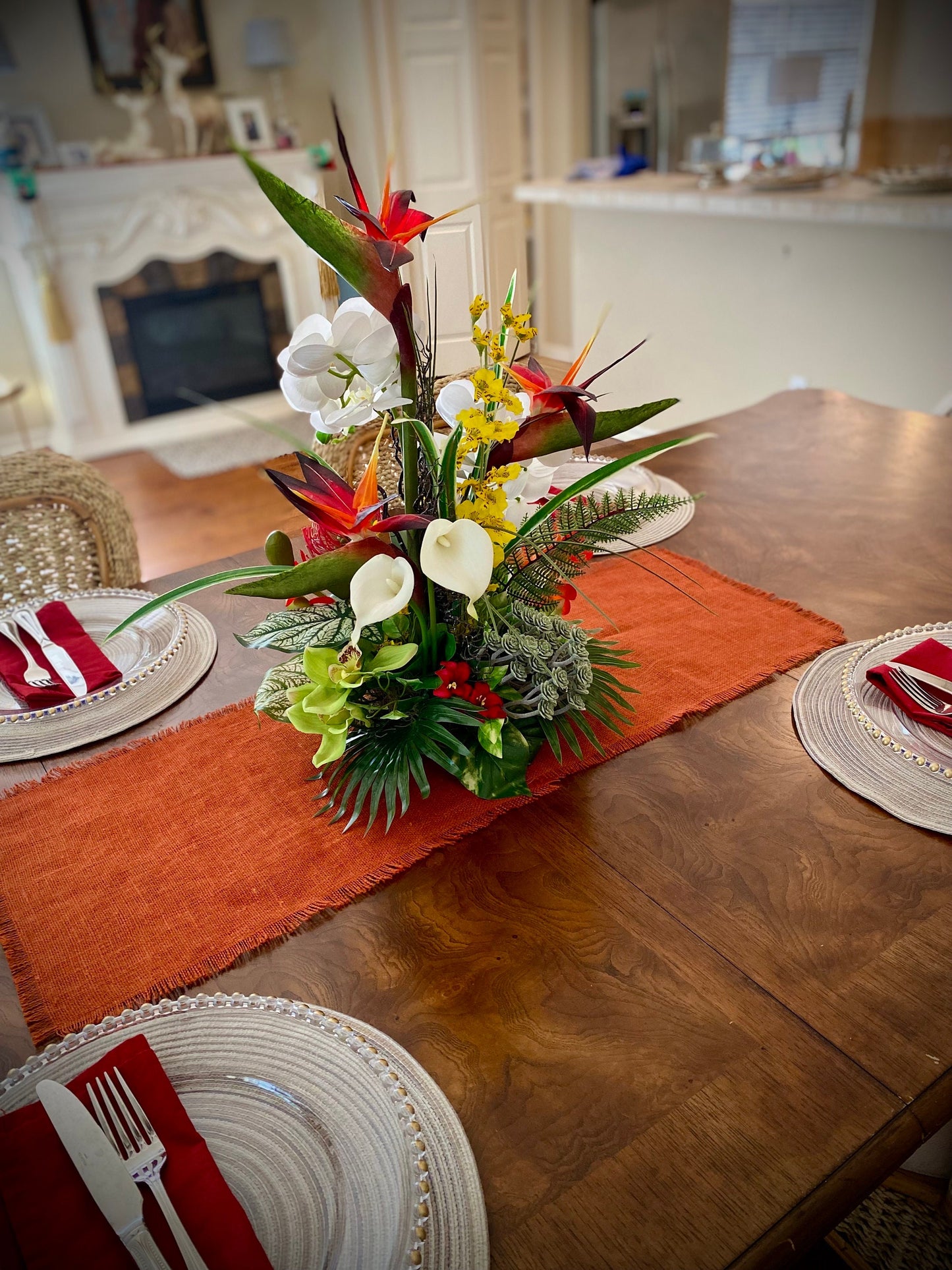 Exotic Elegant. Bird of paradise, Sea-fan, Succulent Tropical Centerpiece. Artificial. 24x13” 3 pounds. Great for medium dining table size.