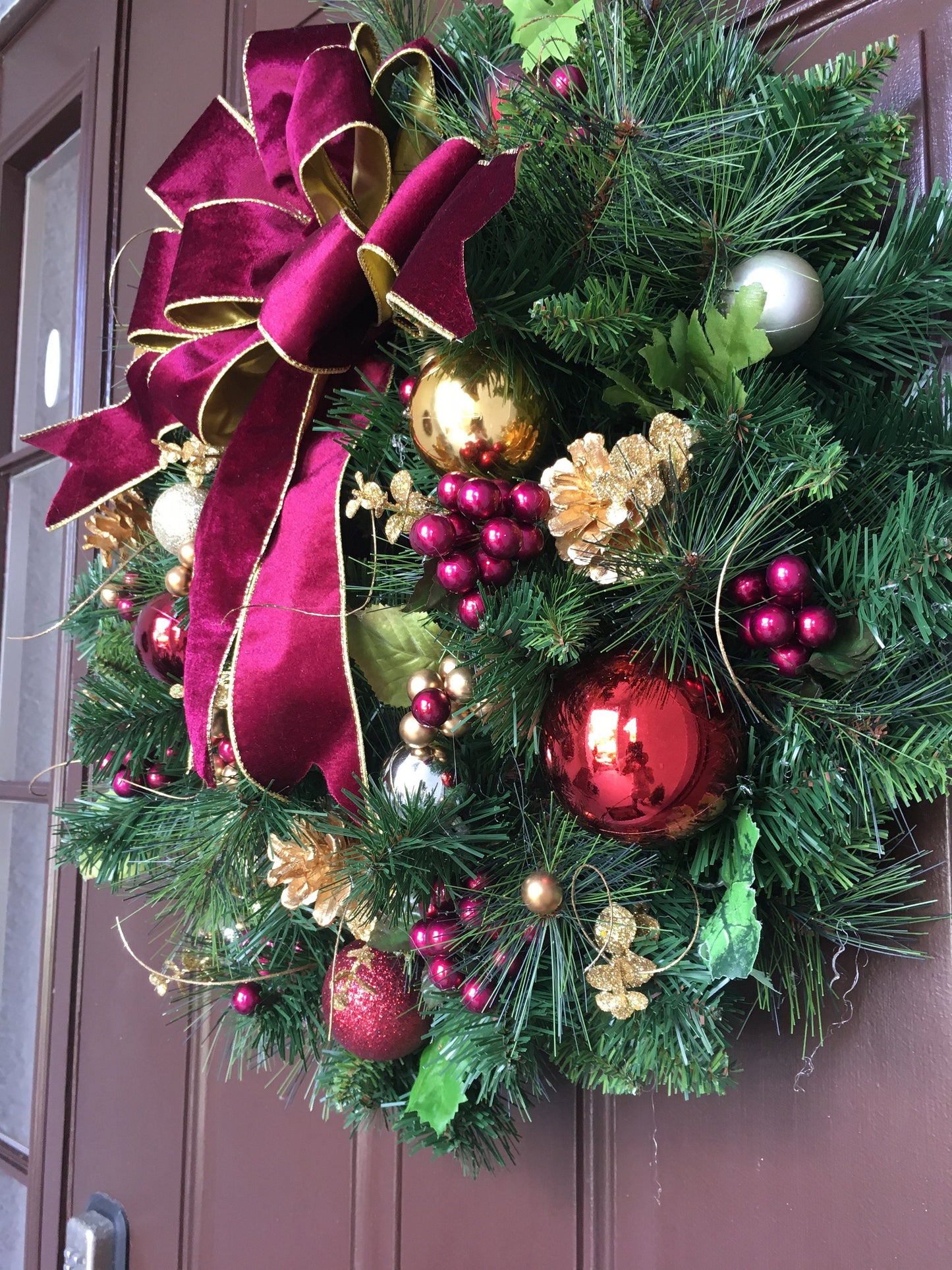 Burgundy Velvet Christmas Wreath with Cordless LED Timer Lights, Luxury Holiday Door Decor.