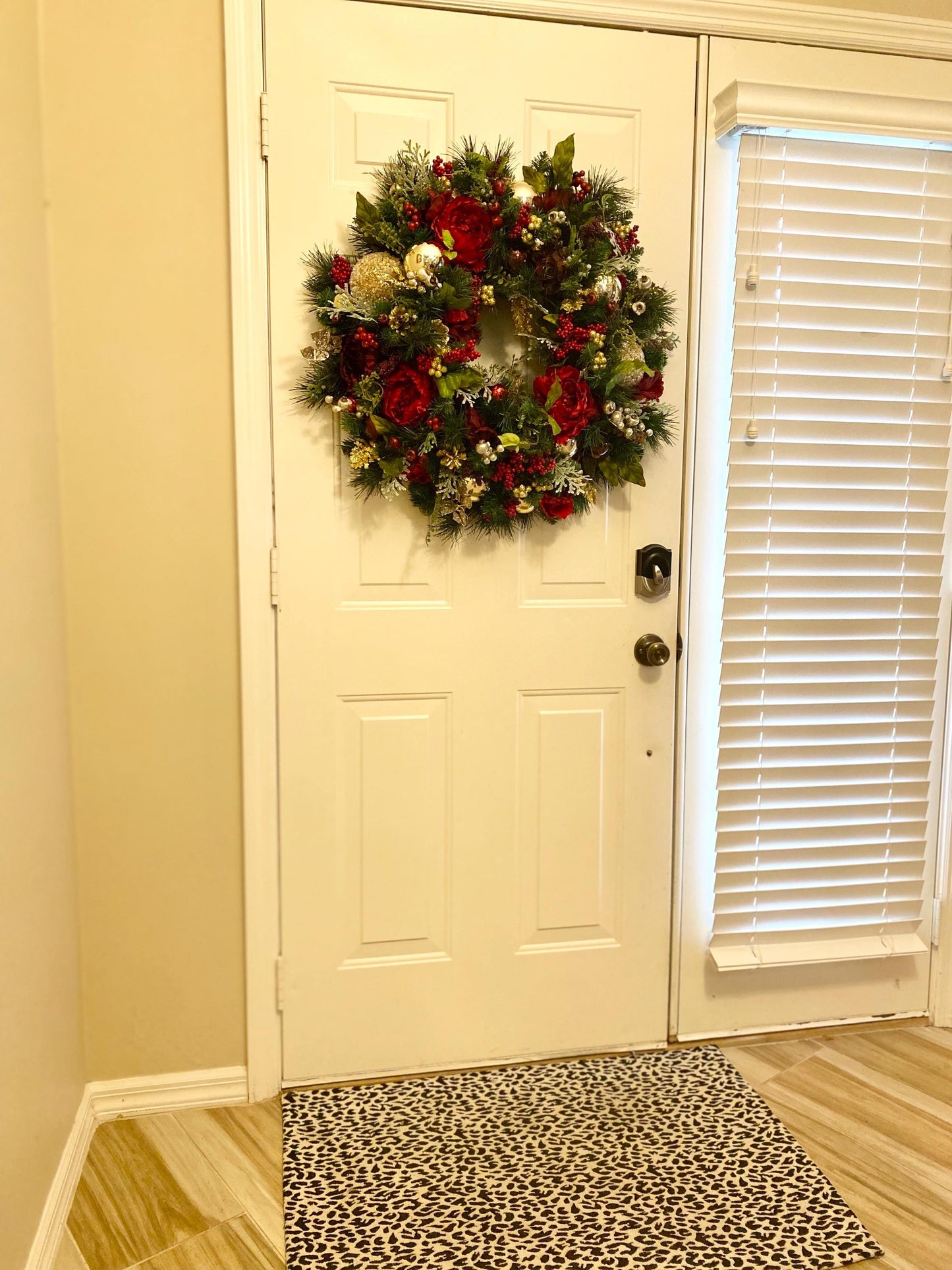 Wonderful Holiday Red Peony Wreath 2025 design.  Red Peony Artificial Wreath, 26" and up, LED cordless light. Free Shippings.