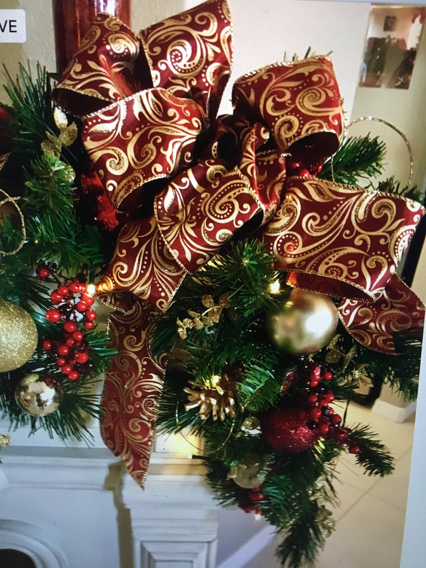Christmas Garland, Elegant Burgundy Scroll Bow, 48 LED Light, Cordless