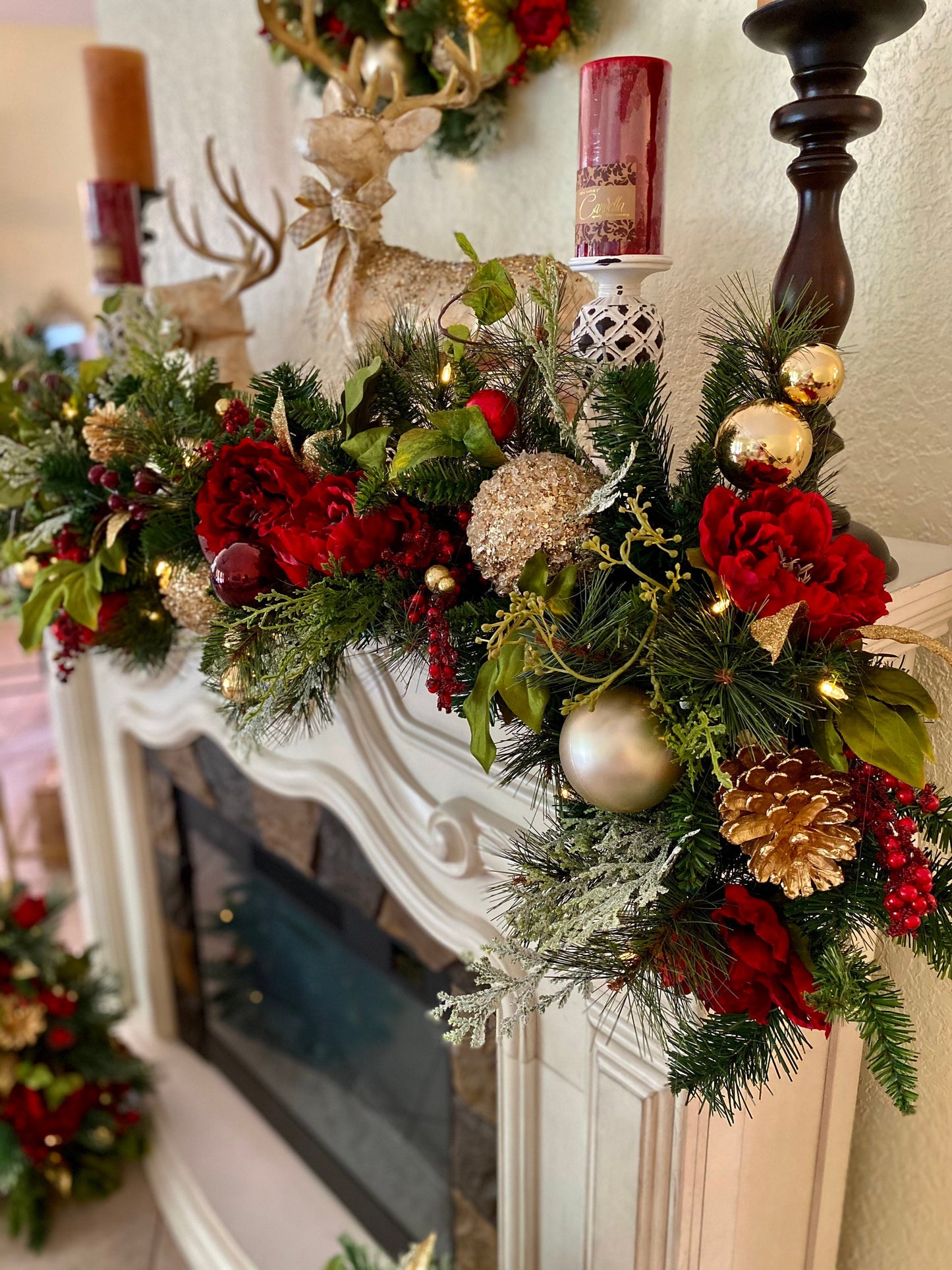 Signature Dark Red Peony Christmas Decor, 4PC Set. Silk Luxury Wine Red Peonies Mix , Wreath, Garland, 2 Trees, Cordless, Pre-lit,