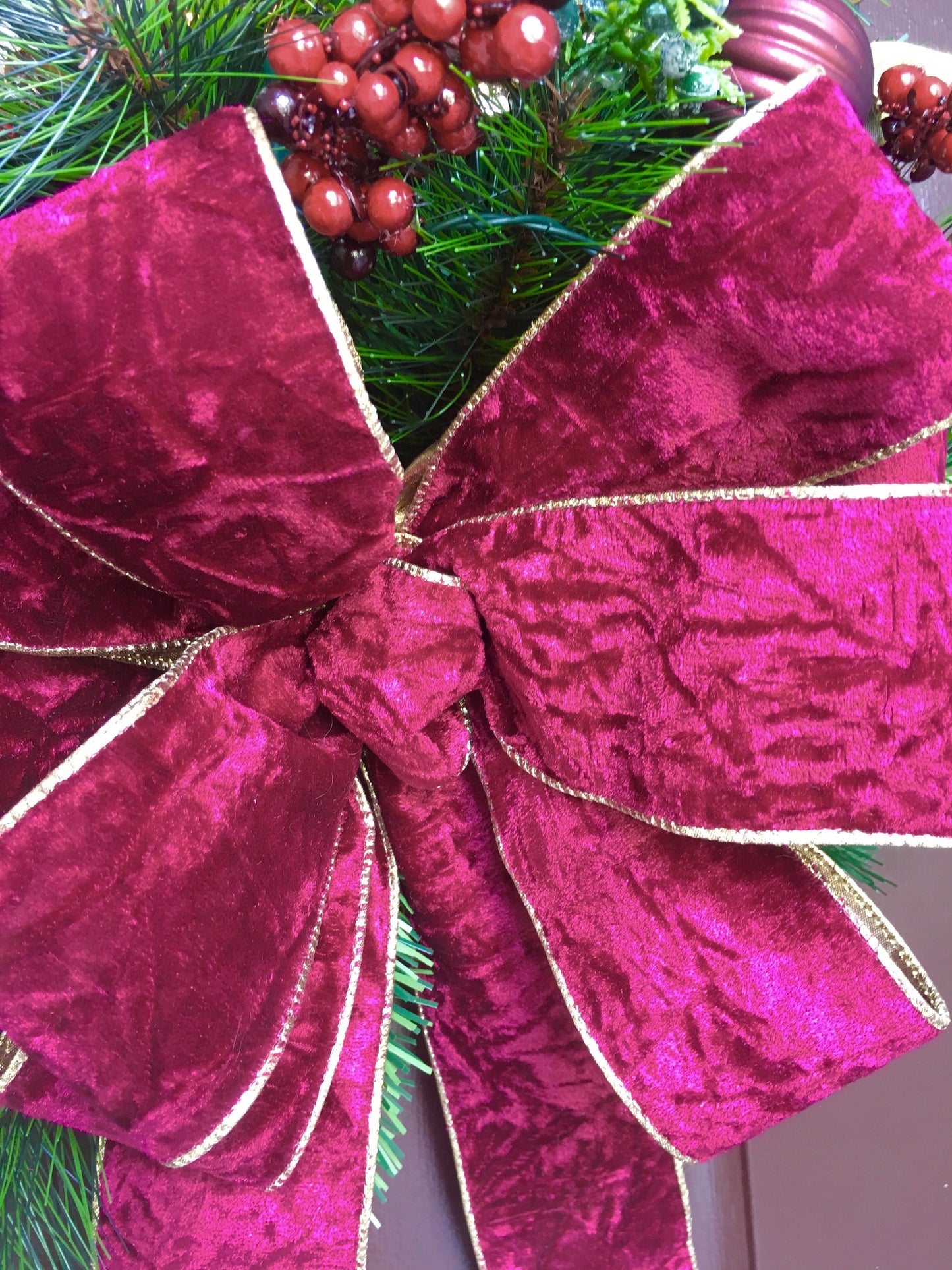 Christmas Teardrop Swag, Burgundy Velvet Bow, Battery Lighted Wall Tree