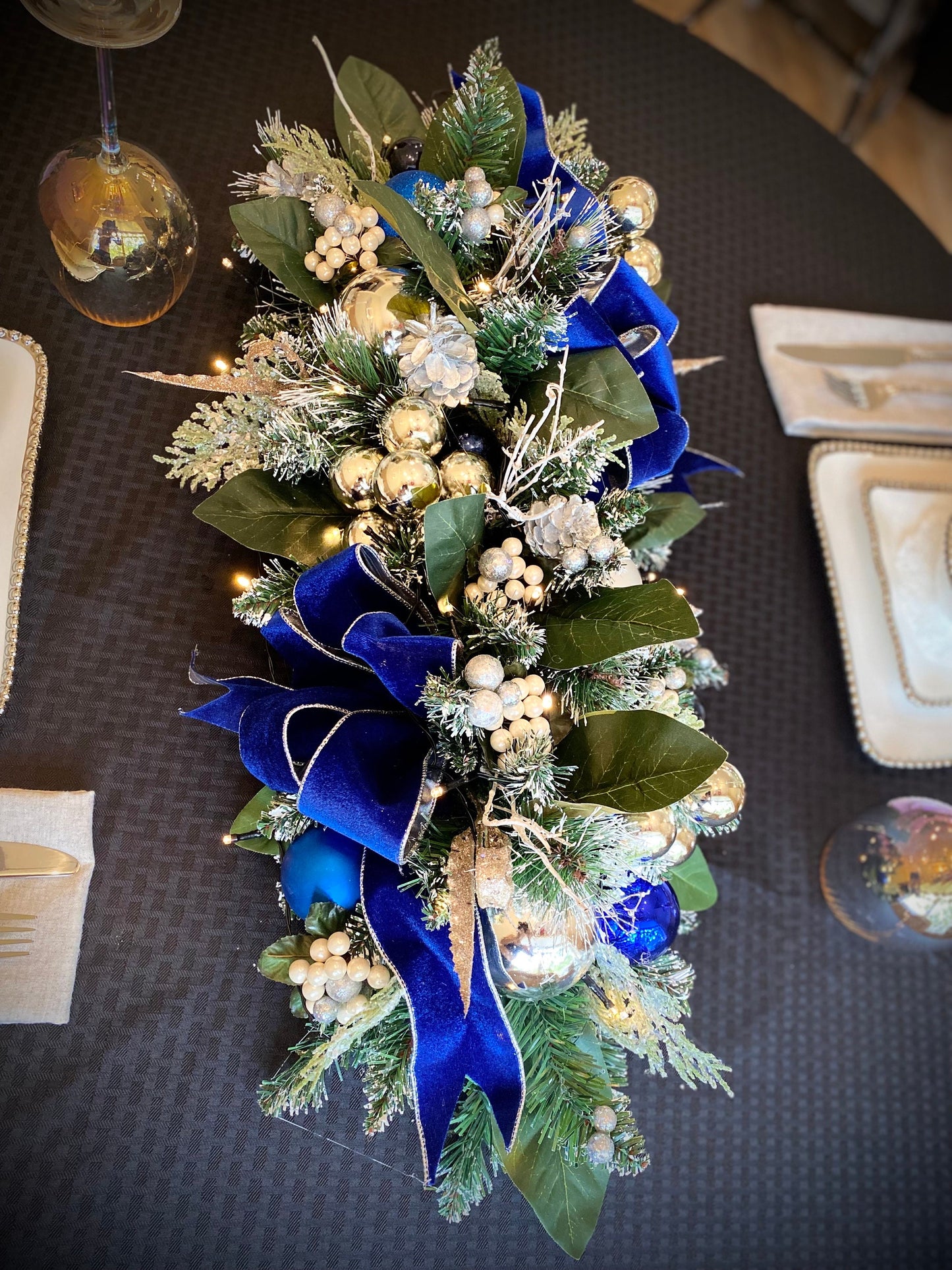 Blue Velvet Holiday Table Runner with Silver Trim, LED Lights