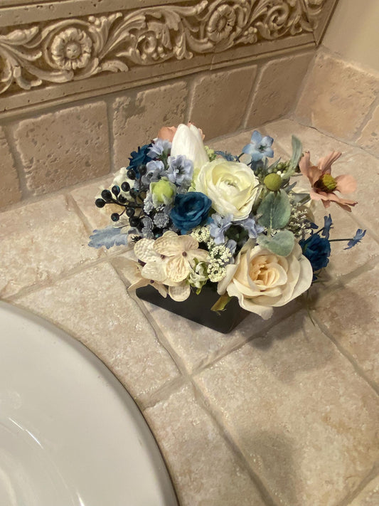 Little Blue Pavey Nosegay Beautiful Ranunculus and roses in black glass cube. Baby blue and ivory, Artificial ,  7"x7"