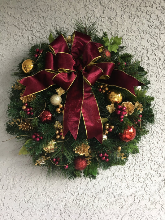 Burgundy Velvet Christmas Wreath, Cordless Timed Lights