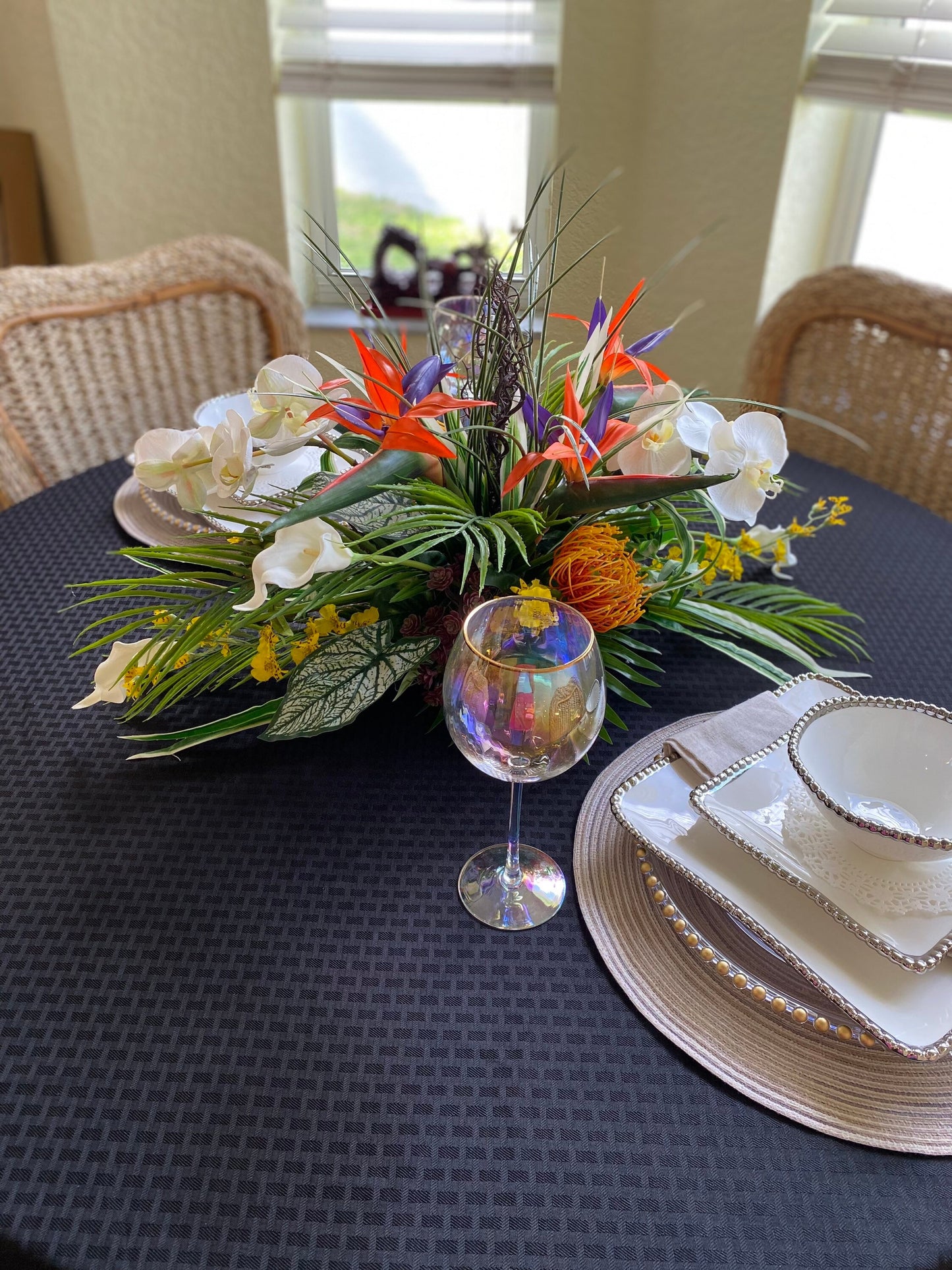 Tropical Bird of Paradise Centerpiece, Faux Orchid Coral Fan, 30"