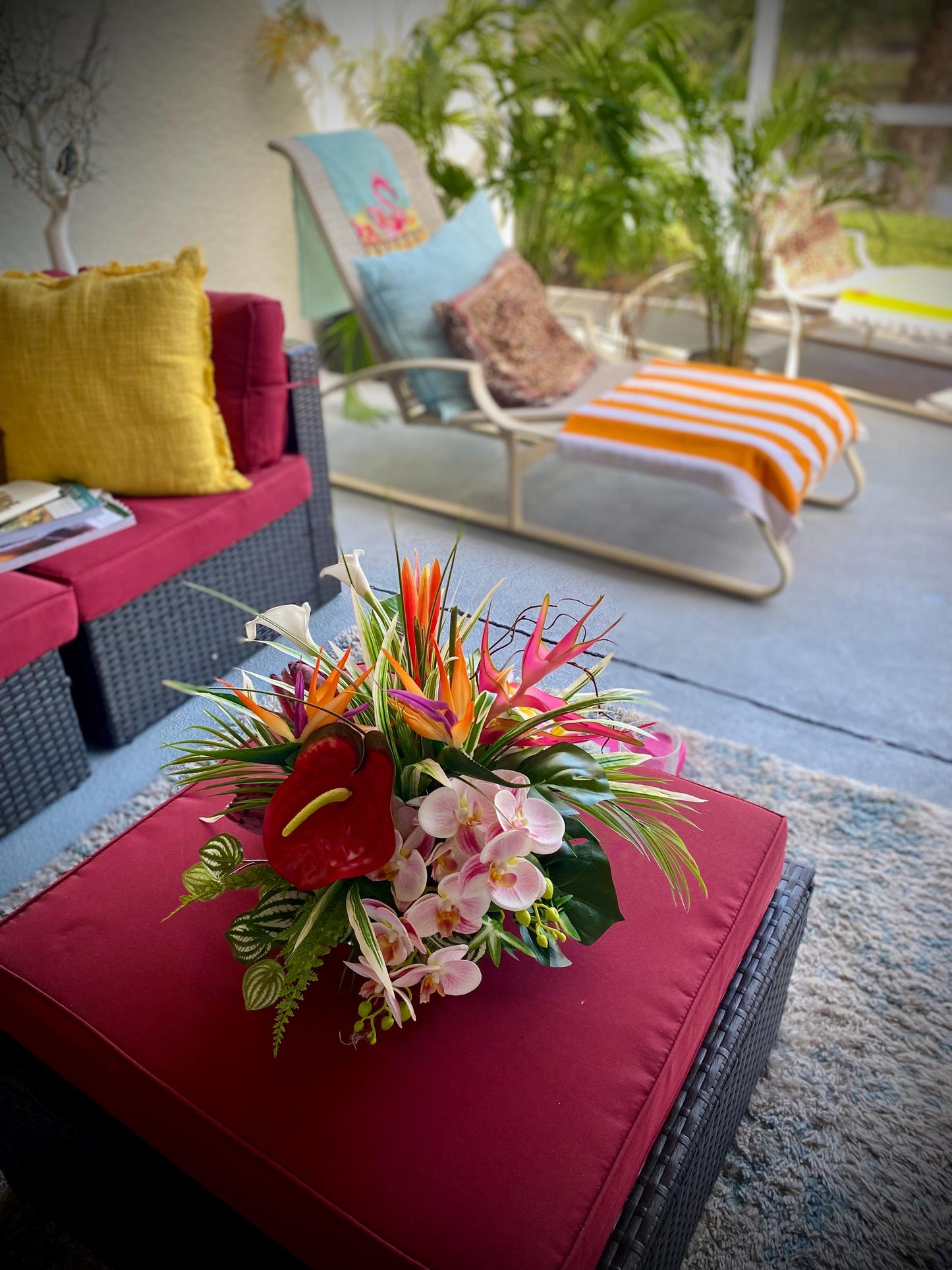 Paradise Found. 18x18x15  Tropical Centerpiece.  Beautiful Bird of paradise, King Protea, Orchids stems.  Artificial, Faux, Silk,