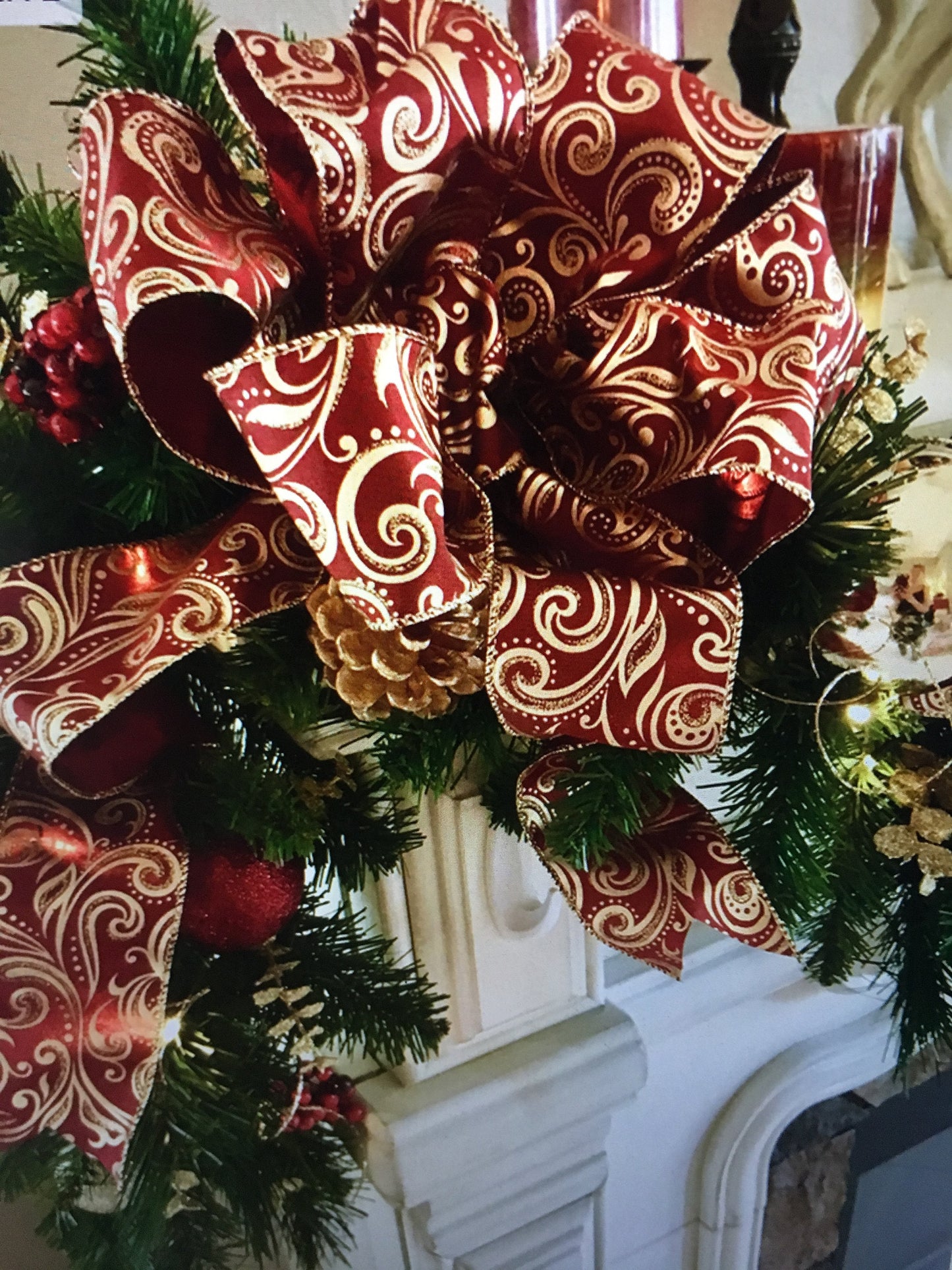 Christmas Garland, Elegant Burgundy Scroll Bow, 48 LED Light, Cordless
