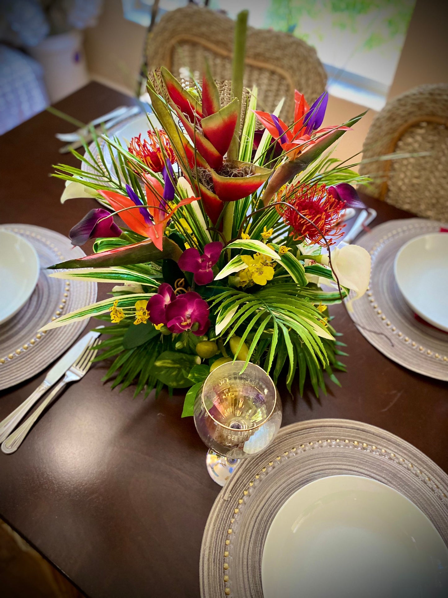 Exotic Hawaiian Heliconia Arrangement: Bird of Paradise, Purple Protea, Coral Fan (20”x13”)