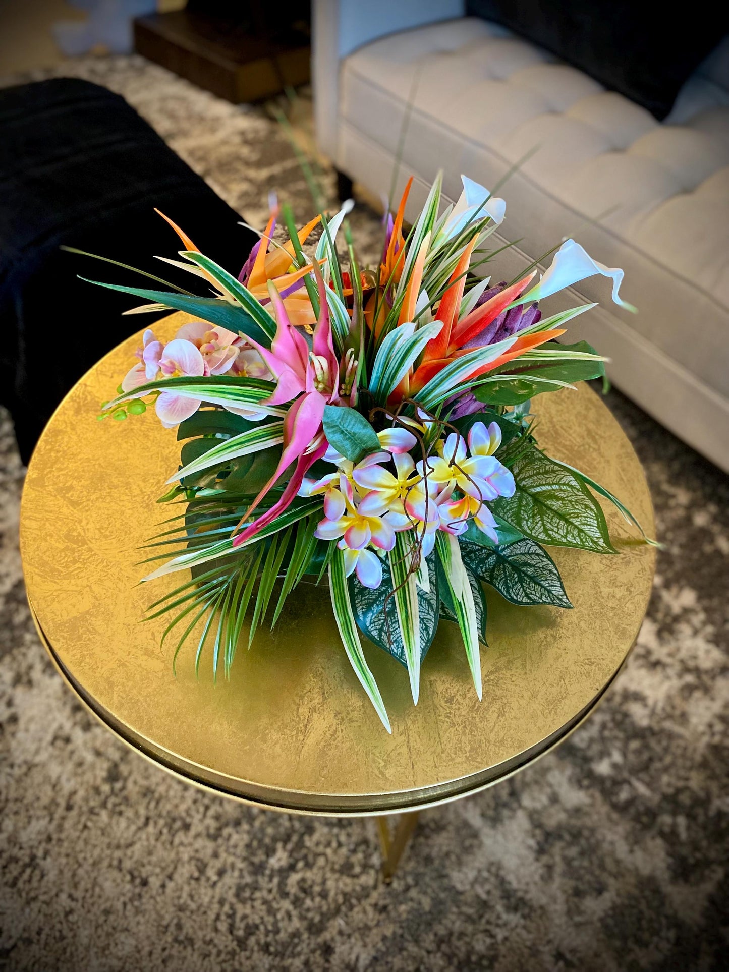 Paradise Found. 18x18x15  Tropical Centerpiece.  Beautiful Bird of paradise, King Protea, Orchids stems.  Artificial, Faux, Silk,
