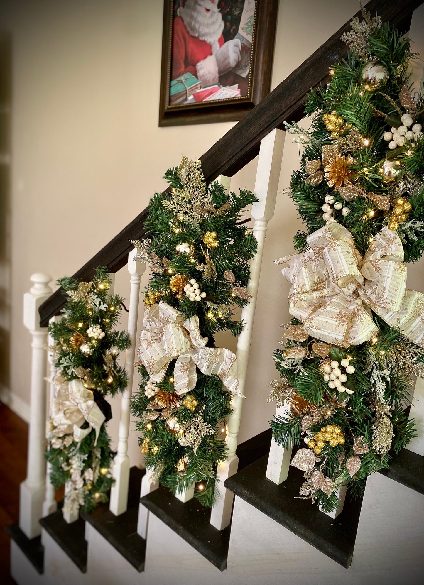 Luxury 3 pc Set Champagne Christmas Swag for Stairs,  Pre Lit with Automatic Timer Free Shipping, White, Vertical Swags.