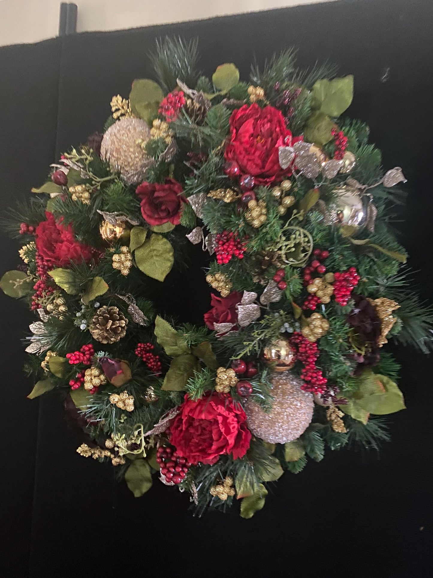 XL  36" Red Christmas Wreath,Wreaths, Pre Lit LED Cordless Light, Ruby Red, Gold, Peony Mix. Artificial, Ever Lasting,  Burgundy, Elegant,