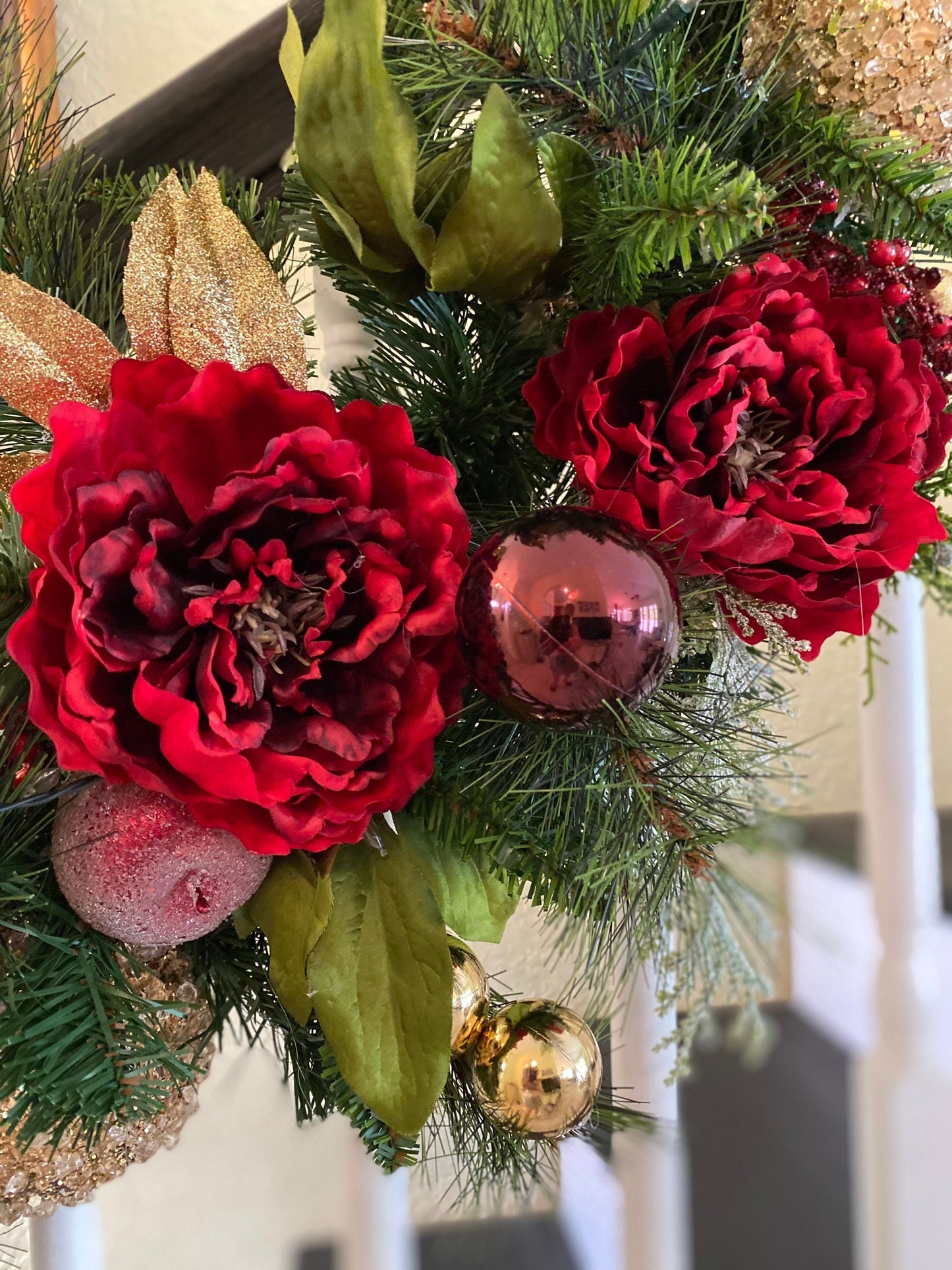 Luxury Wine Red Peony Garland with LED Lights & Timer