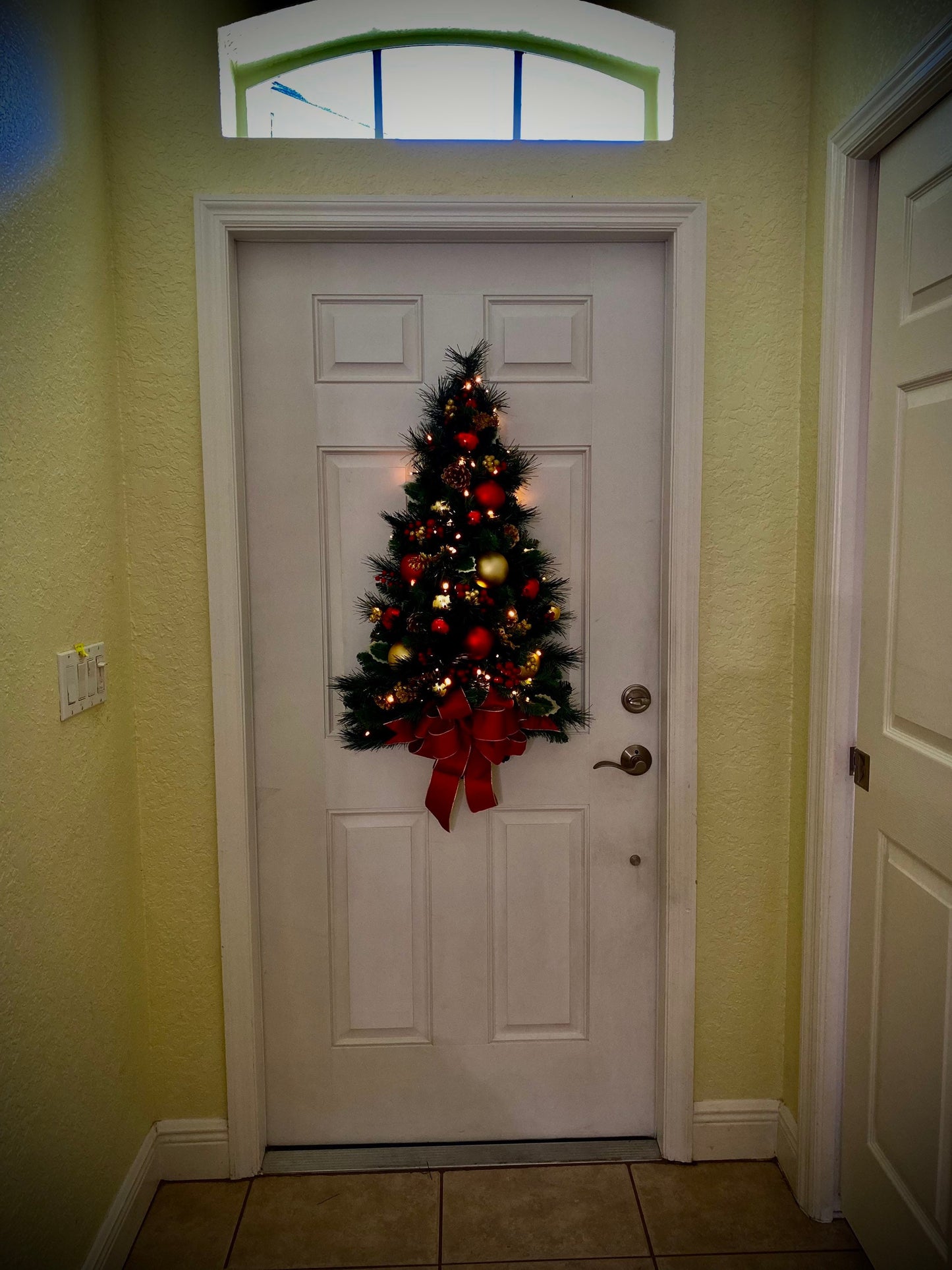 Large Christmas Teardrop Swag, Red Velvet Ribbon, Cordless Lit Wall Tree