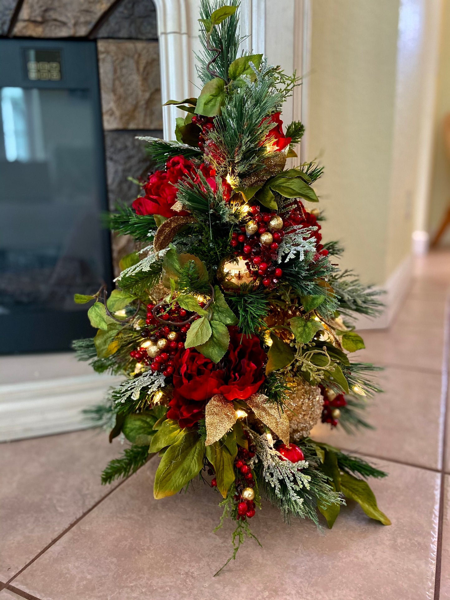 Signature Dark Red Peony Christmas Decor, 4PC Set. Silk Luxury Wine Red Peonies Mix , Wreath, Garland, 2 Trees, Cordless, Pre-lit,