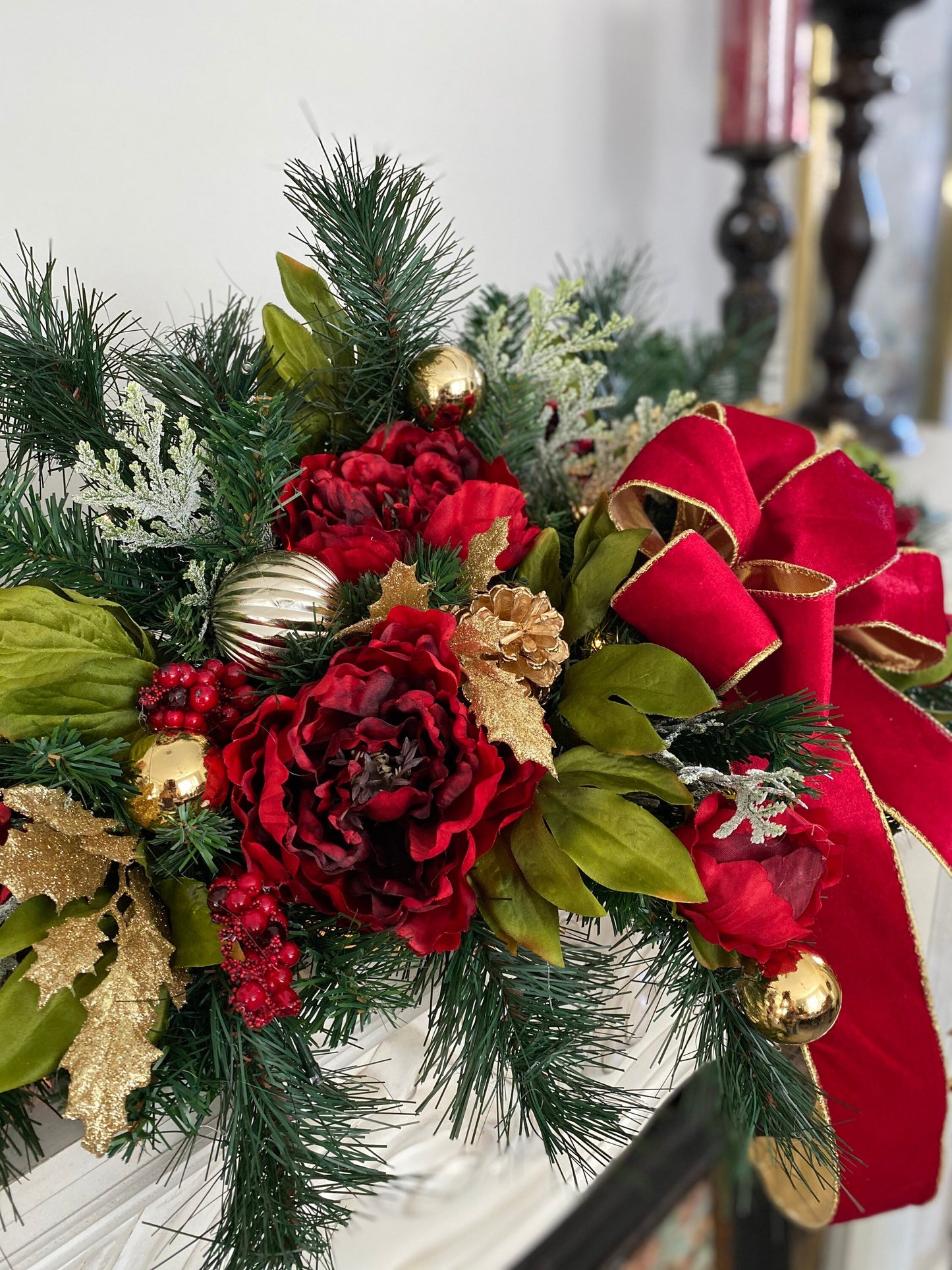 Adorable Red Velvet Garland, Mantle Centerpiece with large Bow. 36inch FREE SHIPPING,  Artificial, 48 LED light with  Timer,