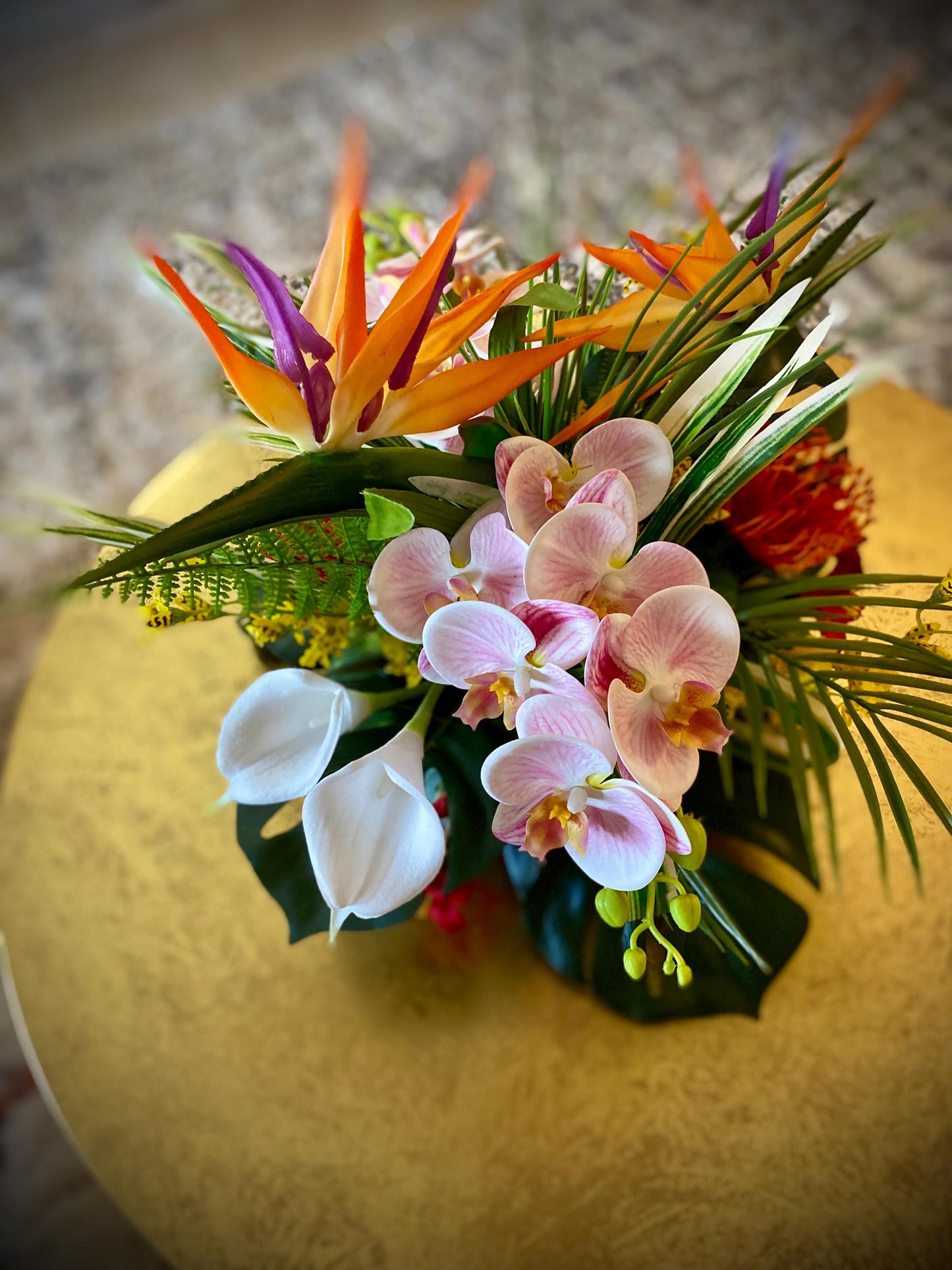 Love it! 15x15x15  Tropical Centerpiece.  2 or 3 Bird of Paradise,   Arrangement, Artificial, Faux, Silk, Tropical Flower Arrangement.