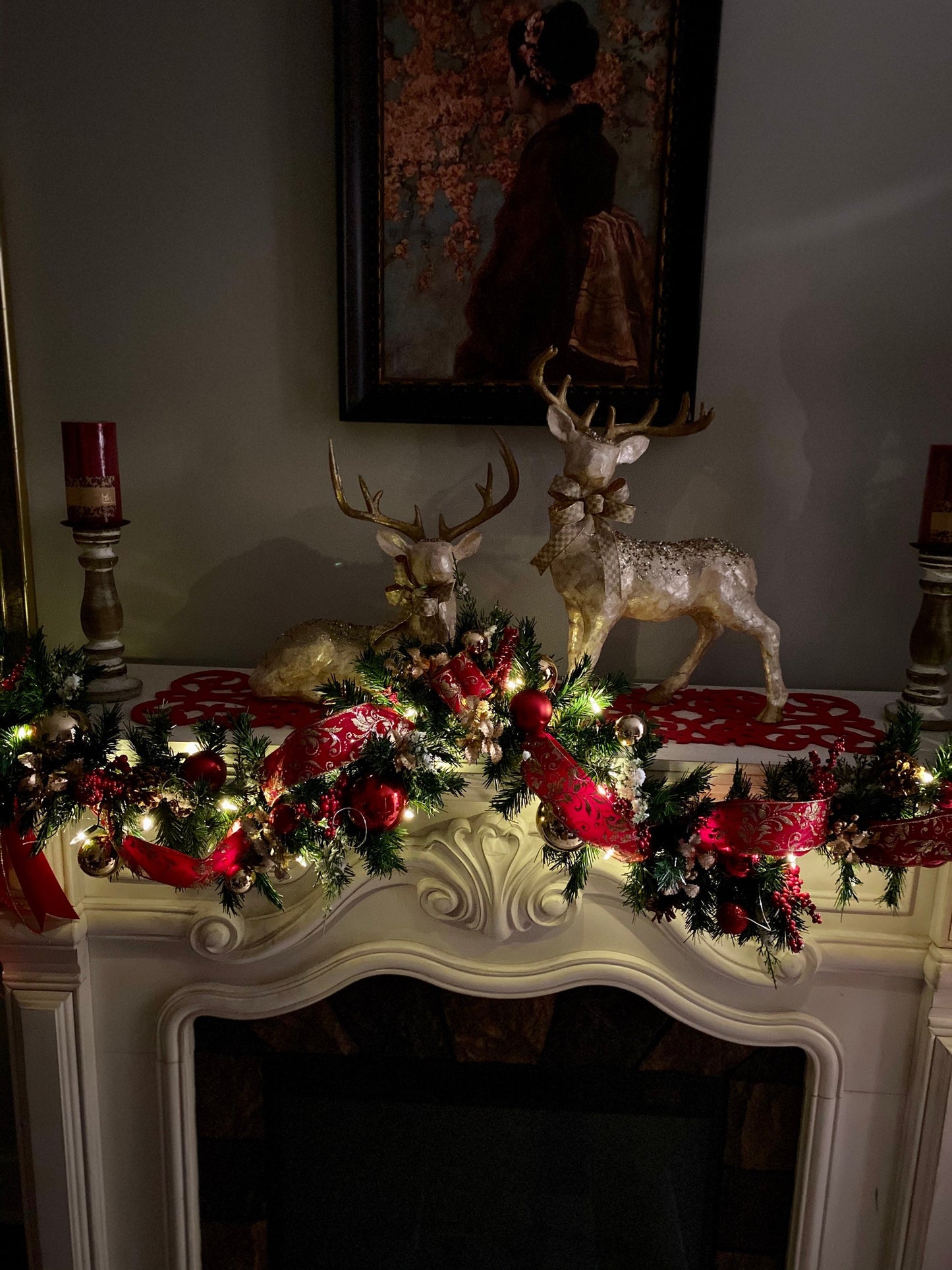 Christmas Garland. Red Velvet Ribbon with gold trimmings/ backing, Cordless, FREE SHIPPING,  50 LED light cordless with timer,