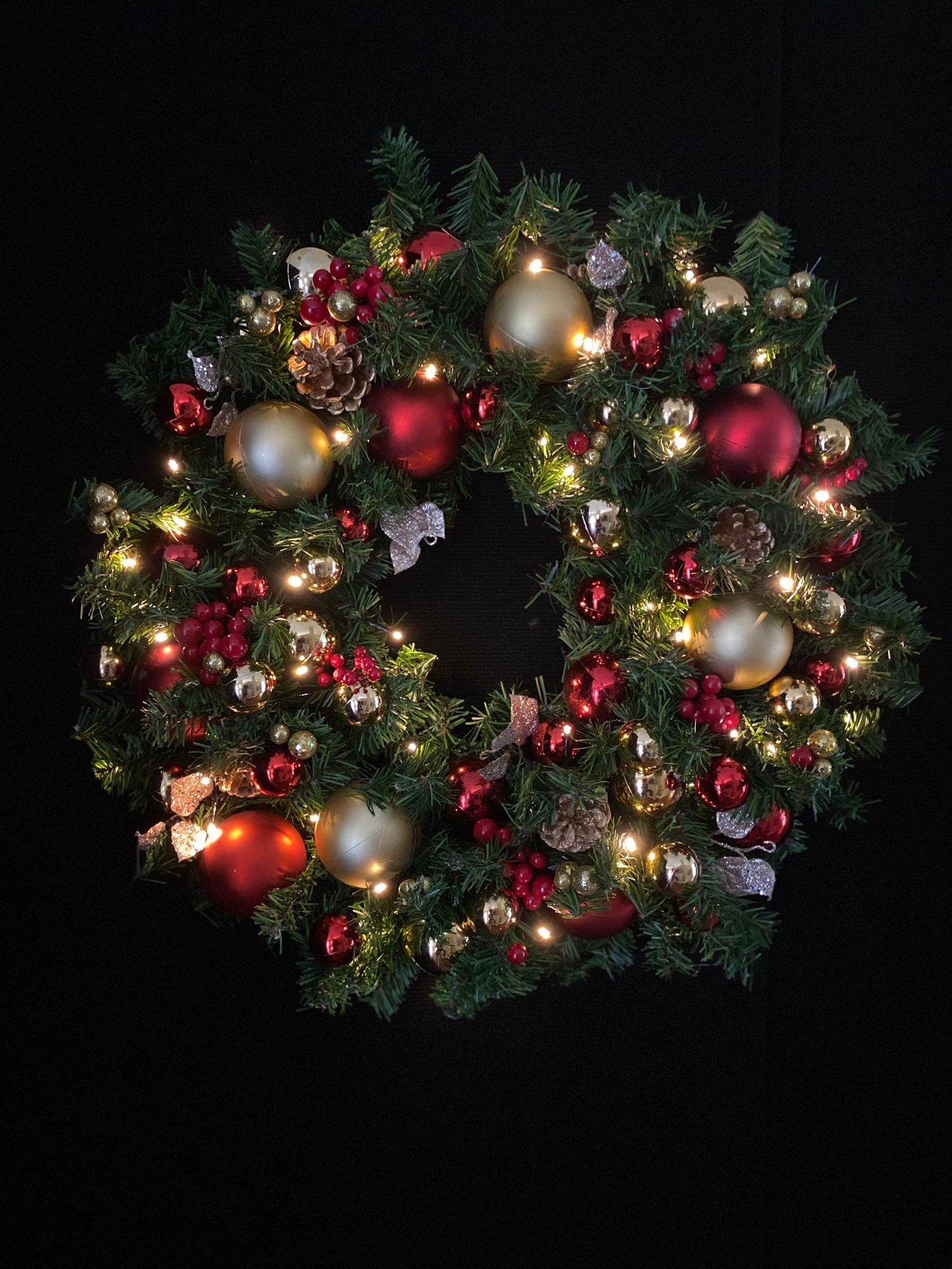 On Sale !!  Wreath, Economical, 23inch Red Wreath, Red and Gold Wreath, Cordless, LED  Timed light, Elegant Wreath, Battery Operated,