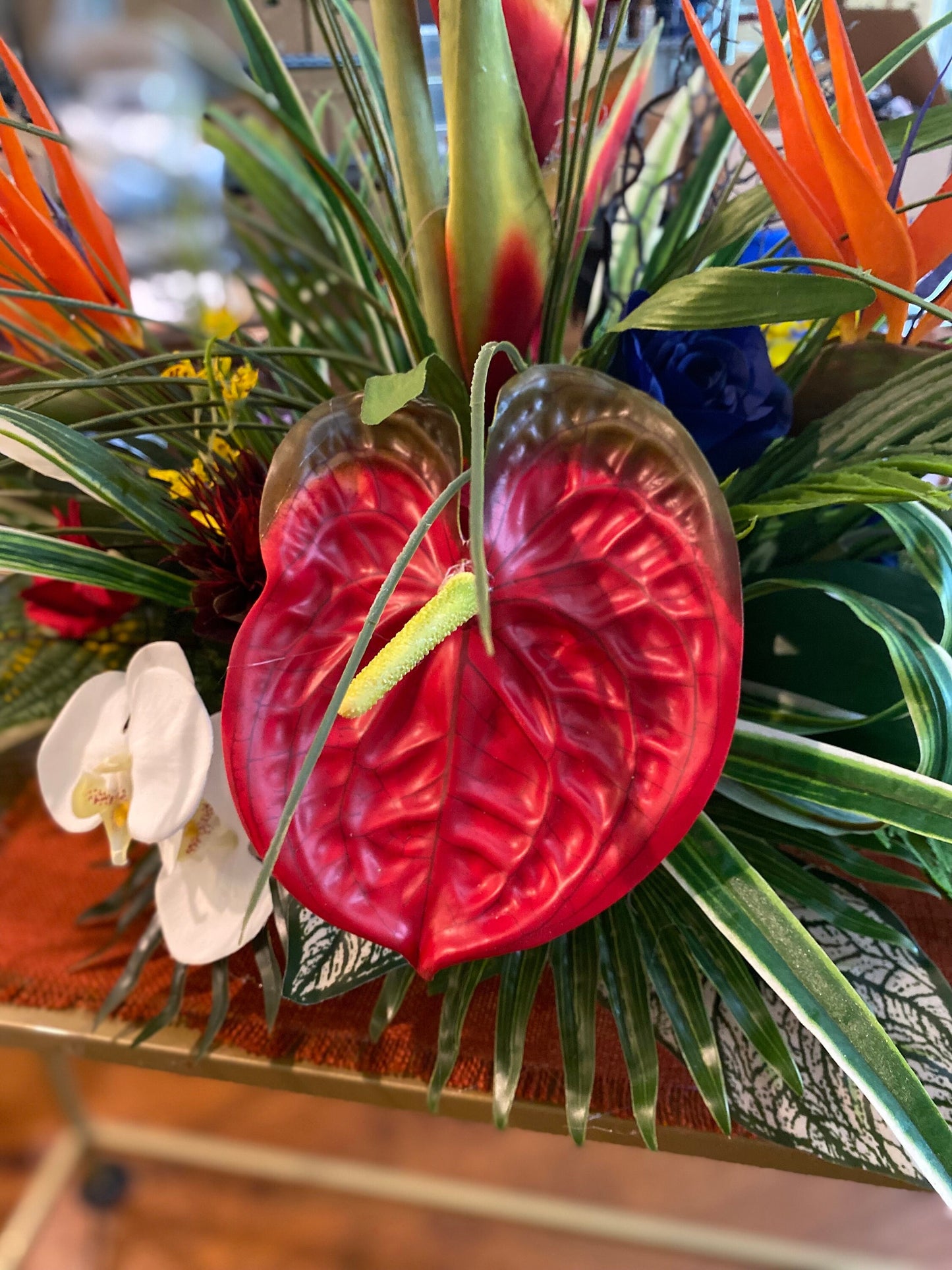 Heliconia and Blue Paradise Accent. Amazingly life like Arrangement. Artificial. Bird of paradise, Orchid and Coral fan. 30"x16"x17" h