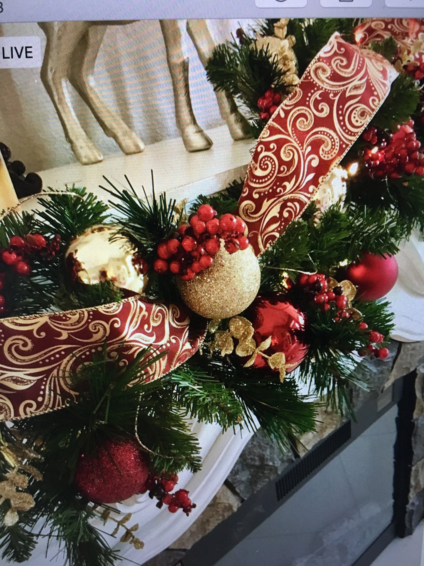 Christmas Garland, Elegant Burgundy Scroll Bow, 48 LED Light, Cordless