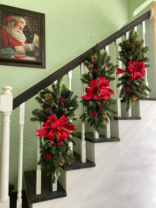 3 pc Set Christmas Swag for Stairs,  Pre Lit with Automatic Timer  6 hours on 18hours off,  Free Shipping, Red, Vertical Swags