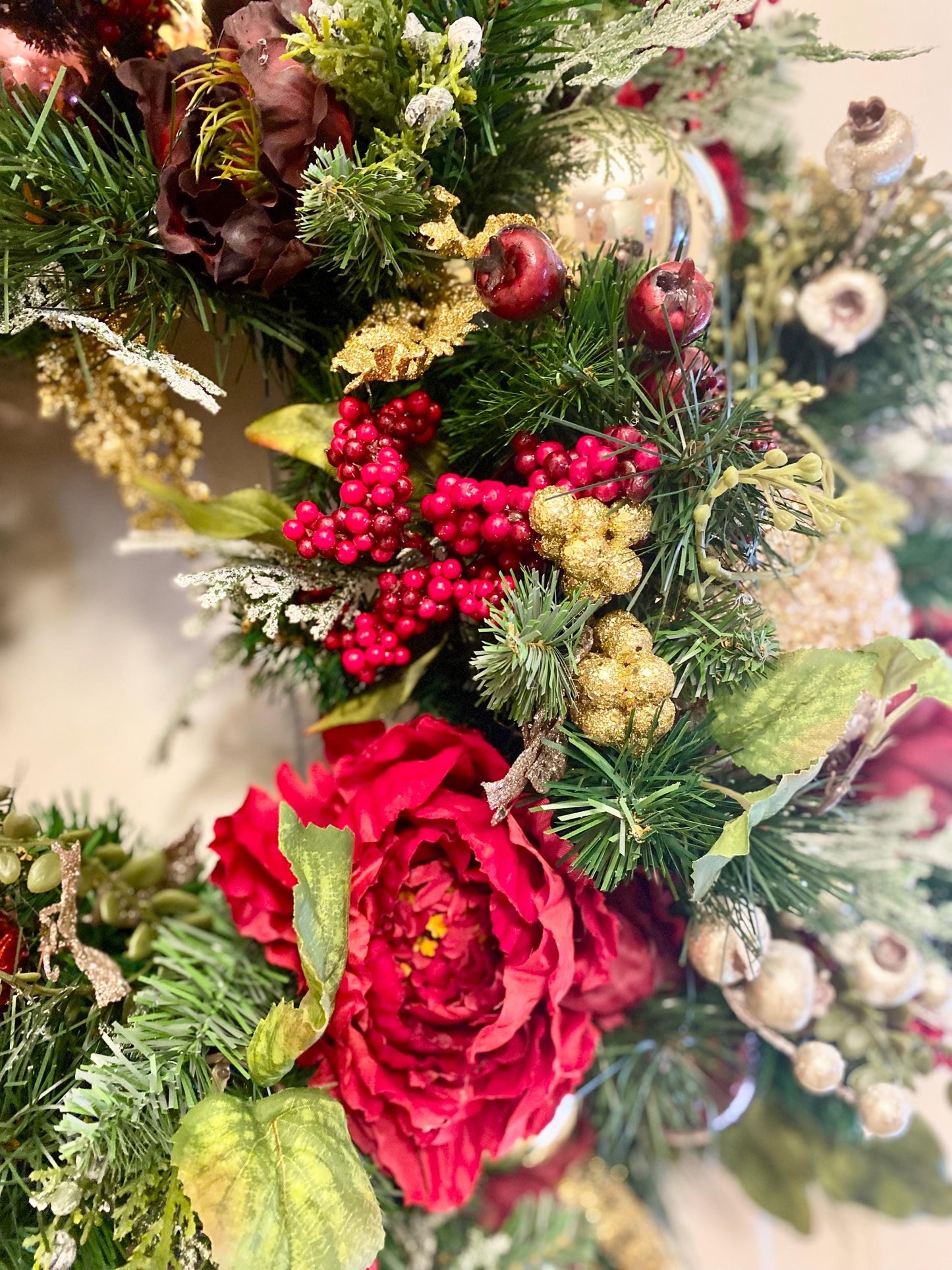 Wonderful Holiday Red Peony Wreath 2025 design.  Red Peony Artificial Wreath, 26" and up, LED cordless light. Free Shippings.