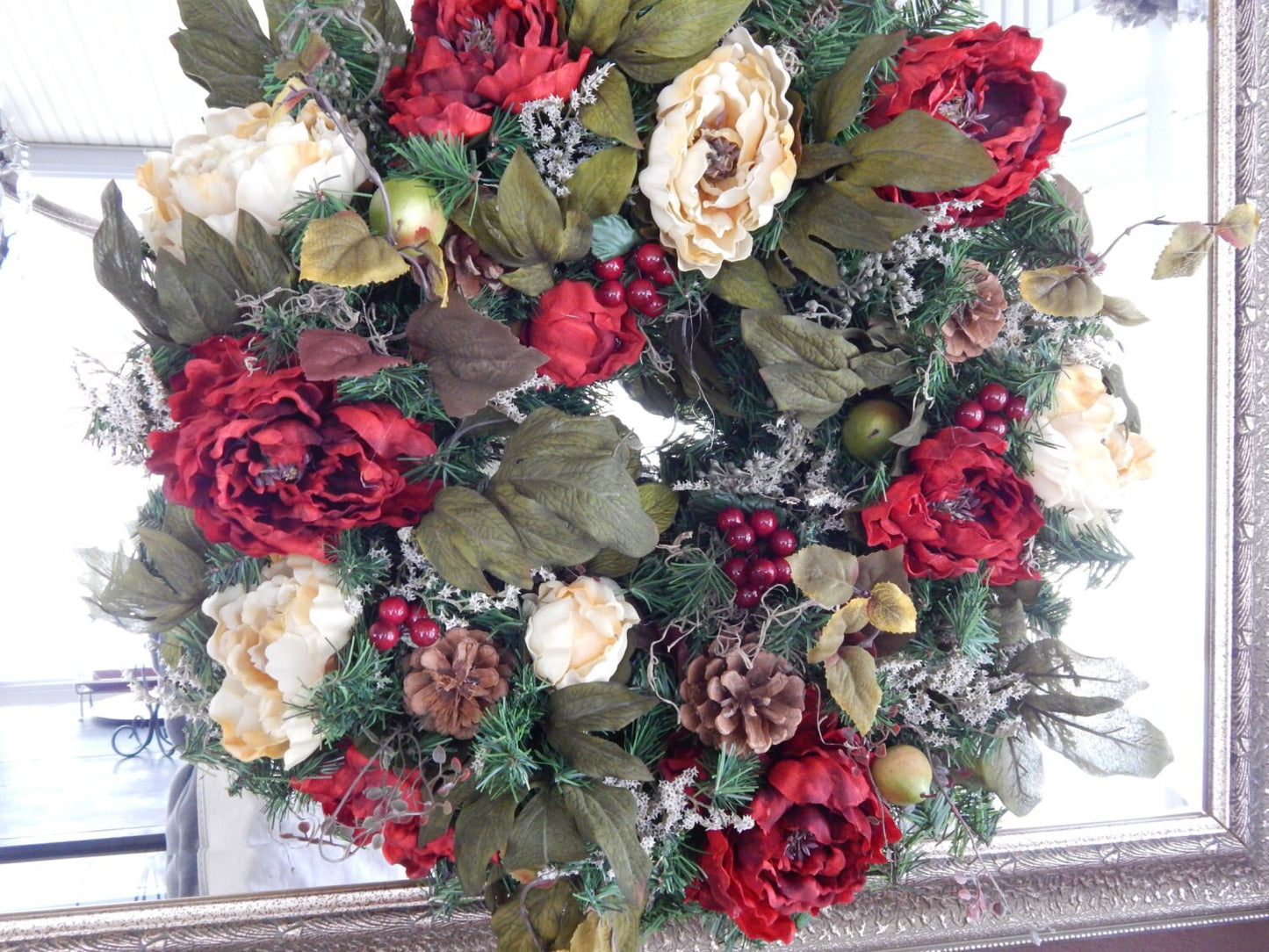 Red Peony Spring Wreath, Pine Cones & Moss Door Decor