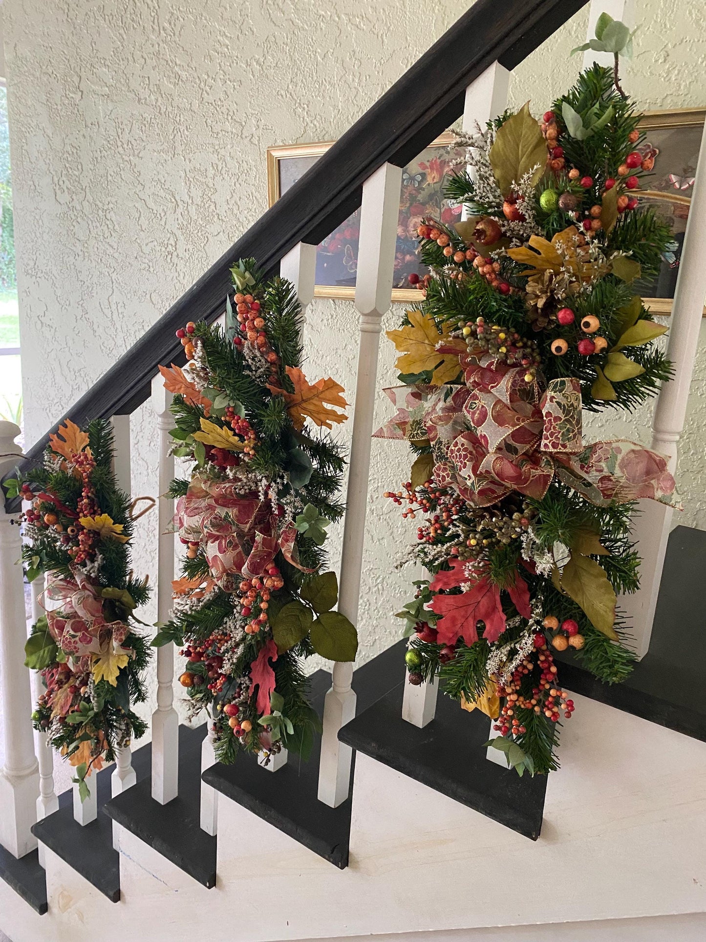 Fall Luxury 3 pc Set Thanksgiving Swag for Stairs,  Artificial Decor (Pre Lit with Automatic Timer) Free Shipping, Orange, Vertical Swags.