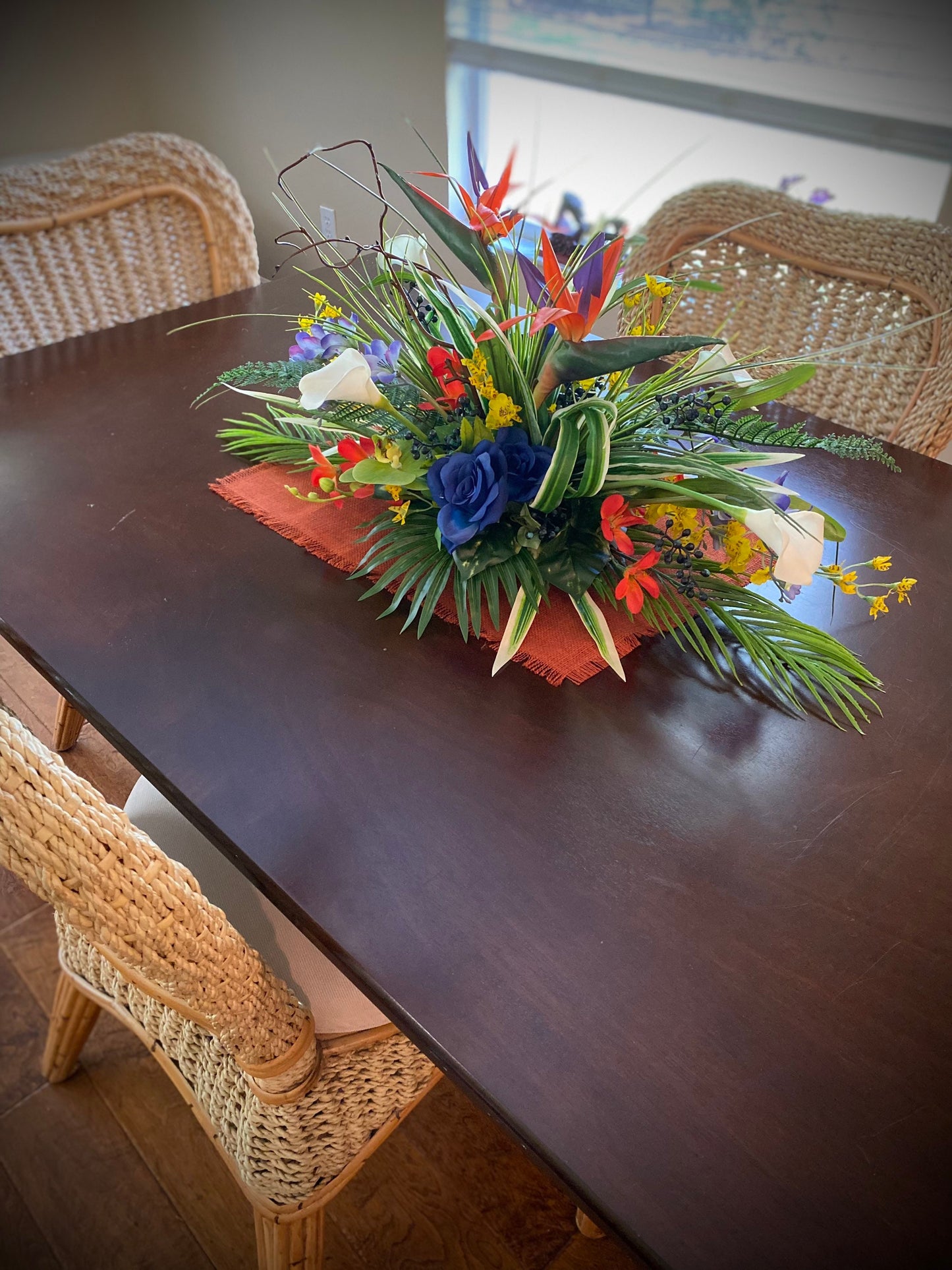 Blue and Blue  Floral Centerpiece, Tropical Bird of Paradise Arrangement. Artificial