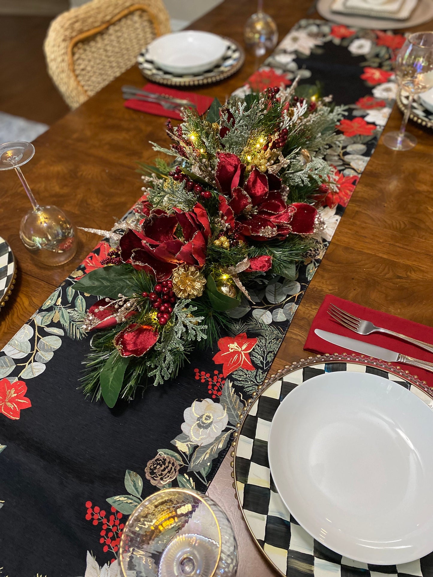 Velvet Wine Red Magnolia Holiday Centerpiece, LED Lights & Timer