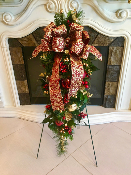 Christmas Burgundy Teardrop Swag, Pre-Lit Cordless Decor