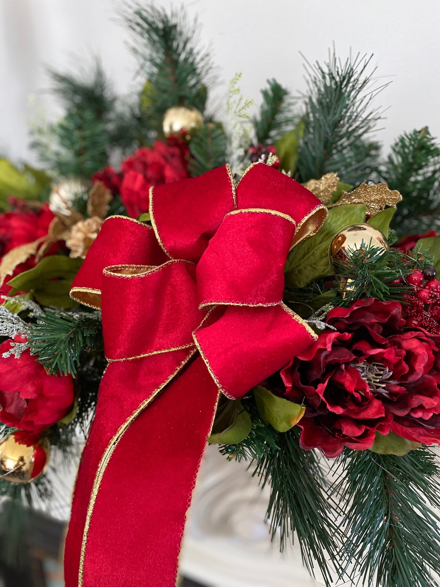 Adorable Red Velvet Garland, Mantle Centerpiece with large Bow. 36inch FREE SHIPPING,  Artificial, 48 LED light with  Timer,