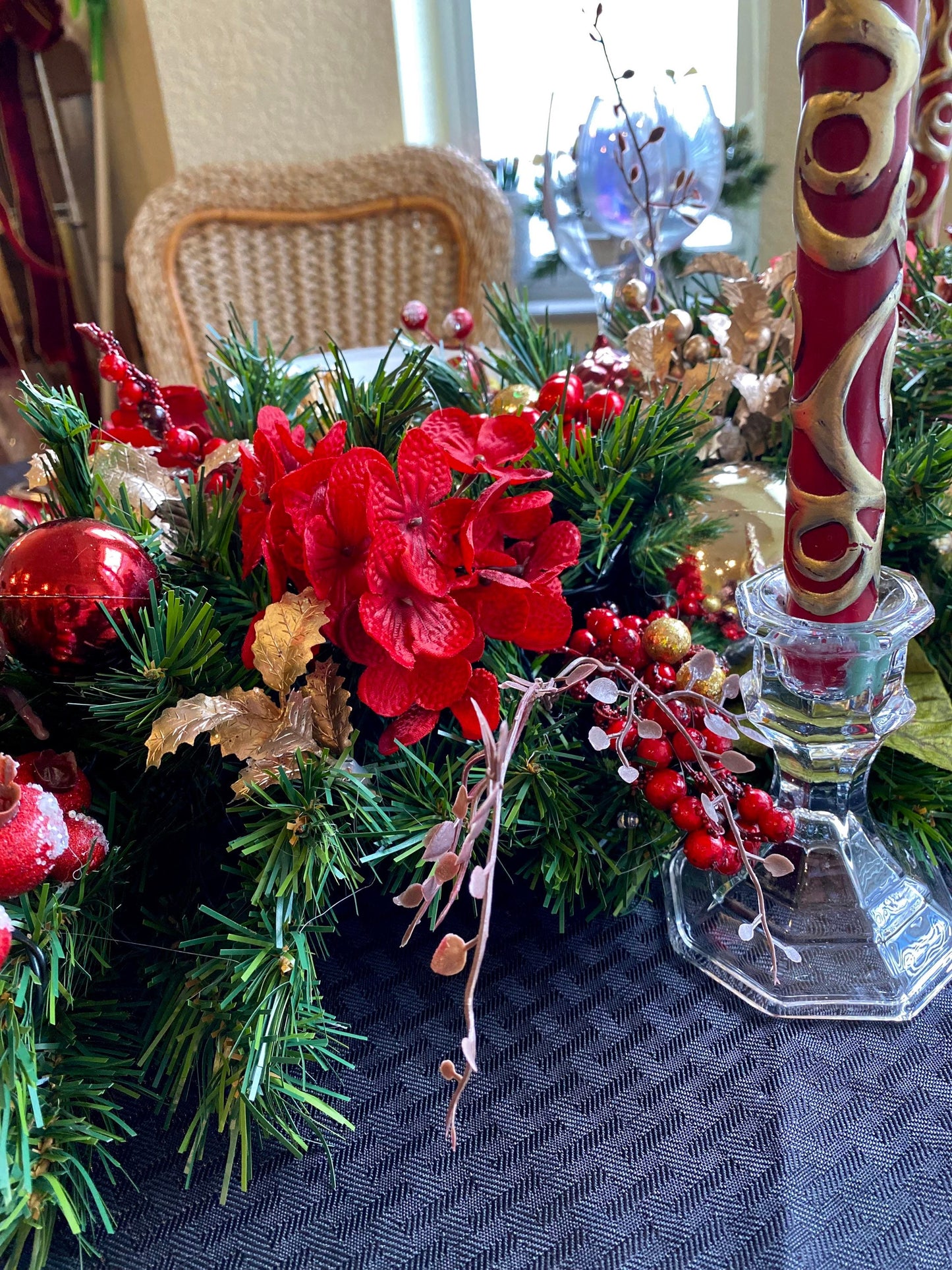 Peony Holiday Table Runner with Lights: Festive Centerpiece (36”)
