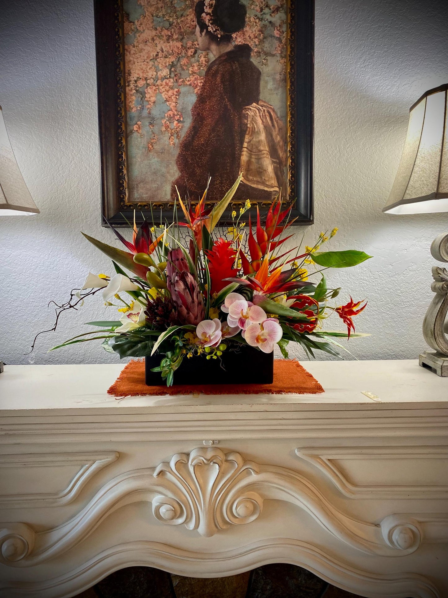 Bird of Paradise and  Heliconia  in Black Ceramic Vase. Tropical Centerpiece with  Artificial Arrangement. 26Wx18Hx15D