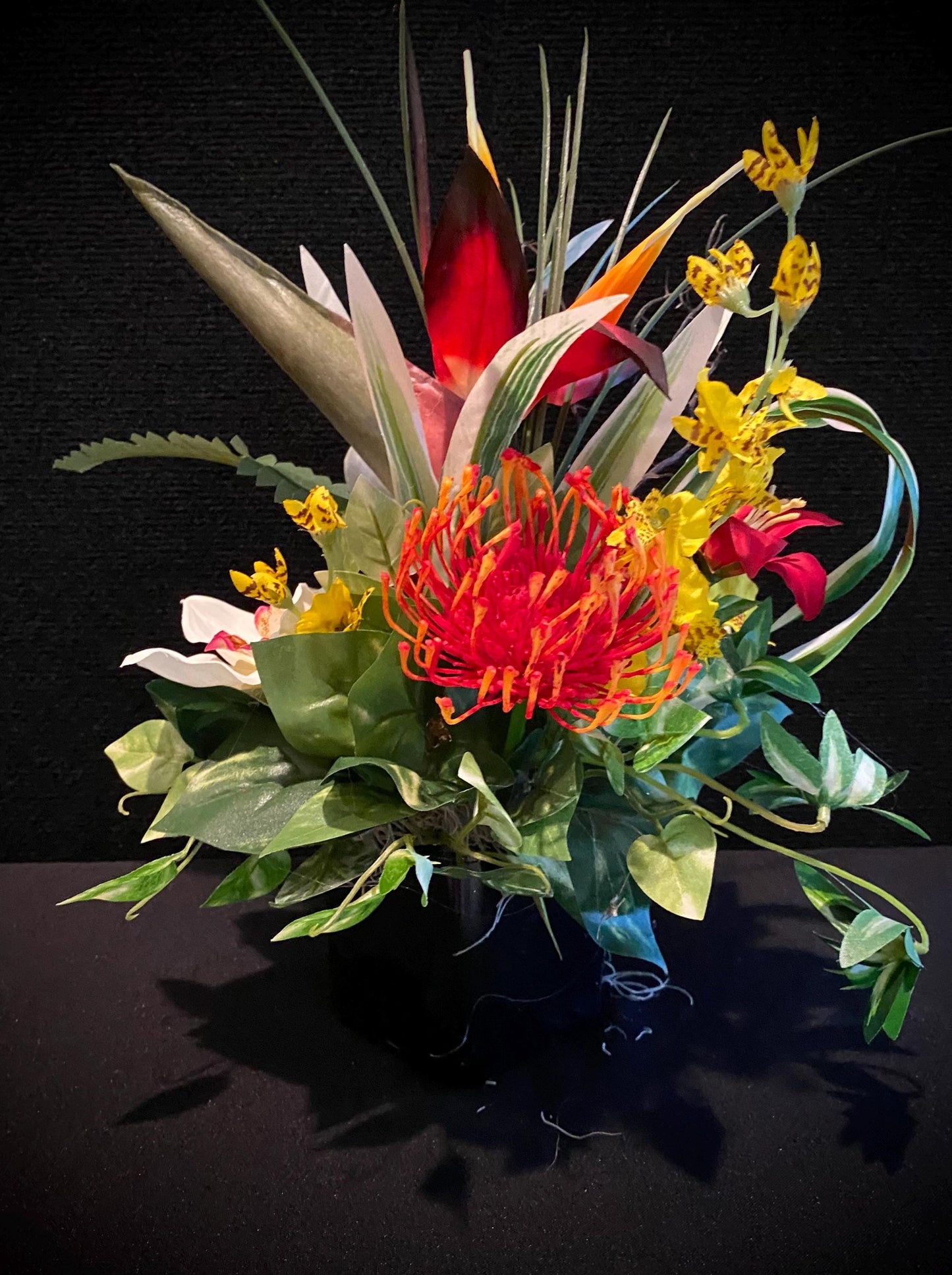 2 PC Set Tropical Floral Arrangement, Bird of Paradise in Glass Cube, 2pc Set