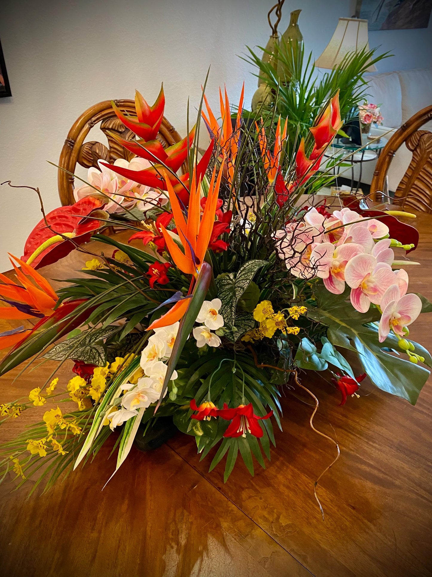 XL tropical arrangement with black wooden vessels. Heliconia, Bird of Paradise and Coral Fan.  Faux Floral Centerpiece,  (36x20x20) 8 pounds