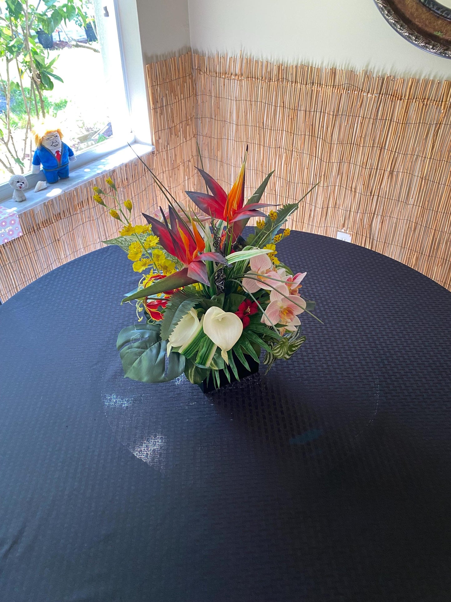 Bird of Paradise and Orchid in 5 inch black cube.   Artificial Colorful Exotic summer arrangement. Wedding Centerpiece.  16"hx15" diameter.