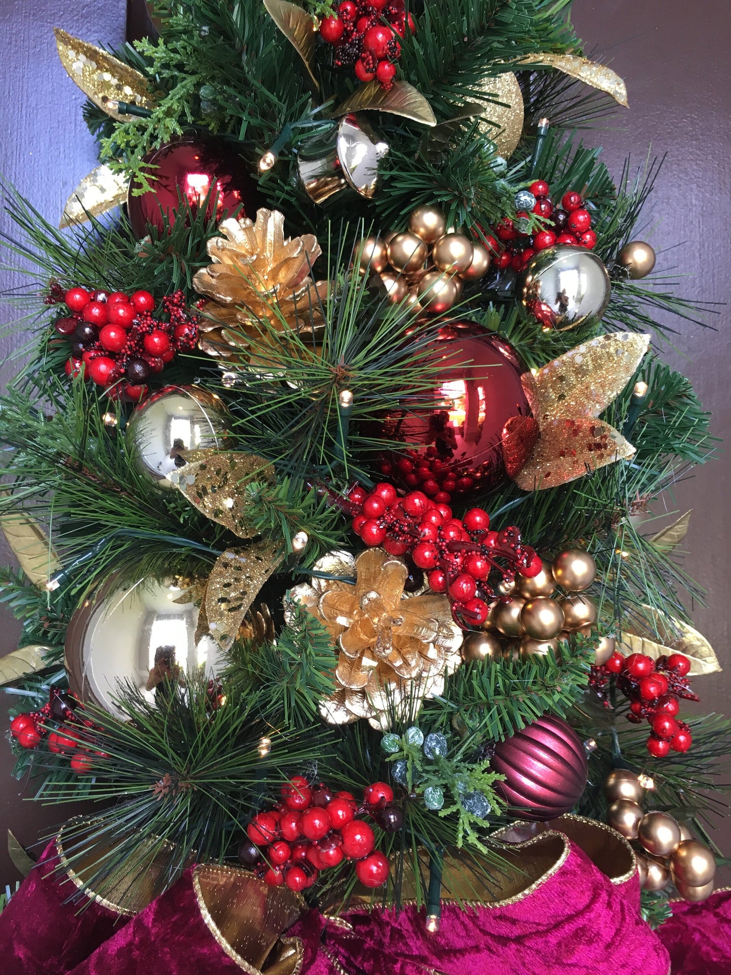 Christmas Teardrop Swag, Burgundy Velvet Bow, Battery Lighted Wall Tree
